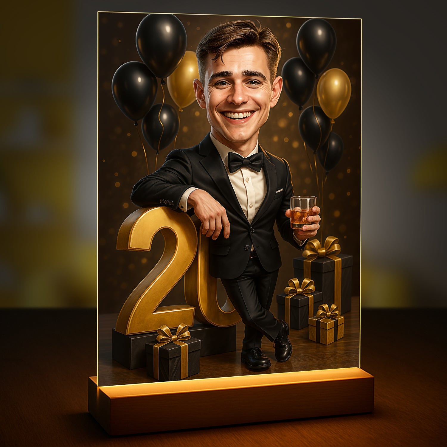 Image of Personalizowany portret mężczyzny na 20 urodziny, karykatura ze zdjęcia z liczbą 20, balonami i prezentami
