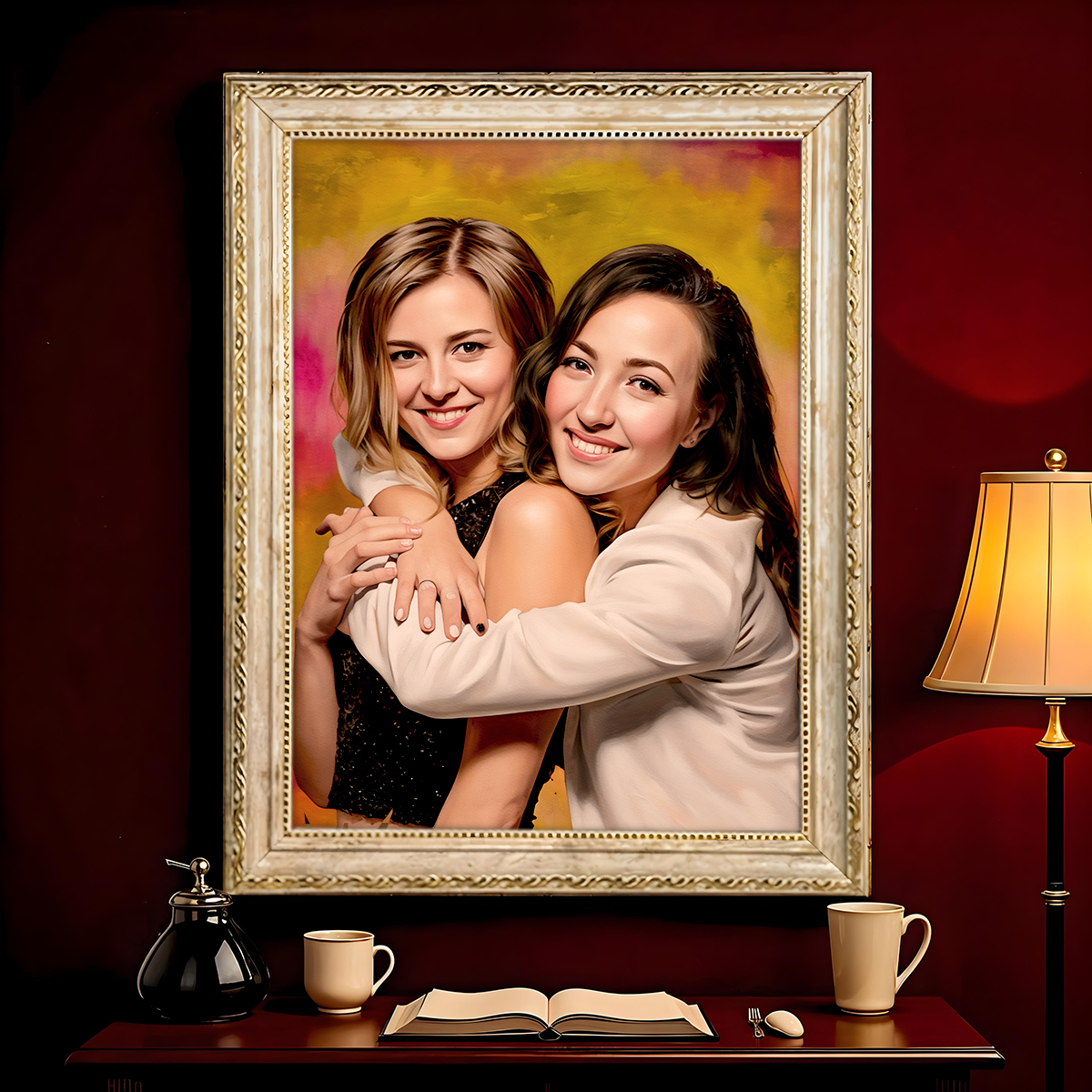 Image of Personalizowany portret dwóch przyjaciółek ze zdjęcia, obraz w eleganckiej ramie, prezent dla przyjaciółki