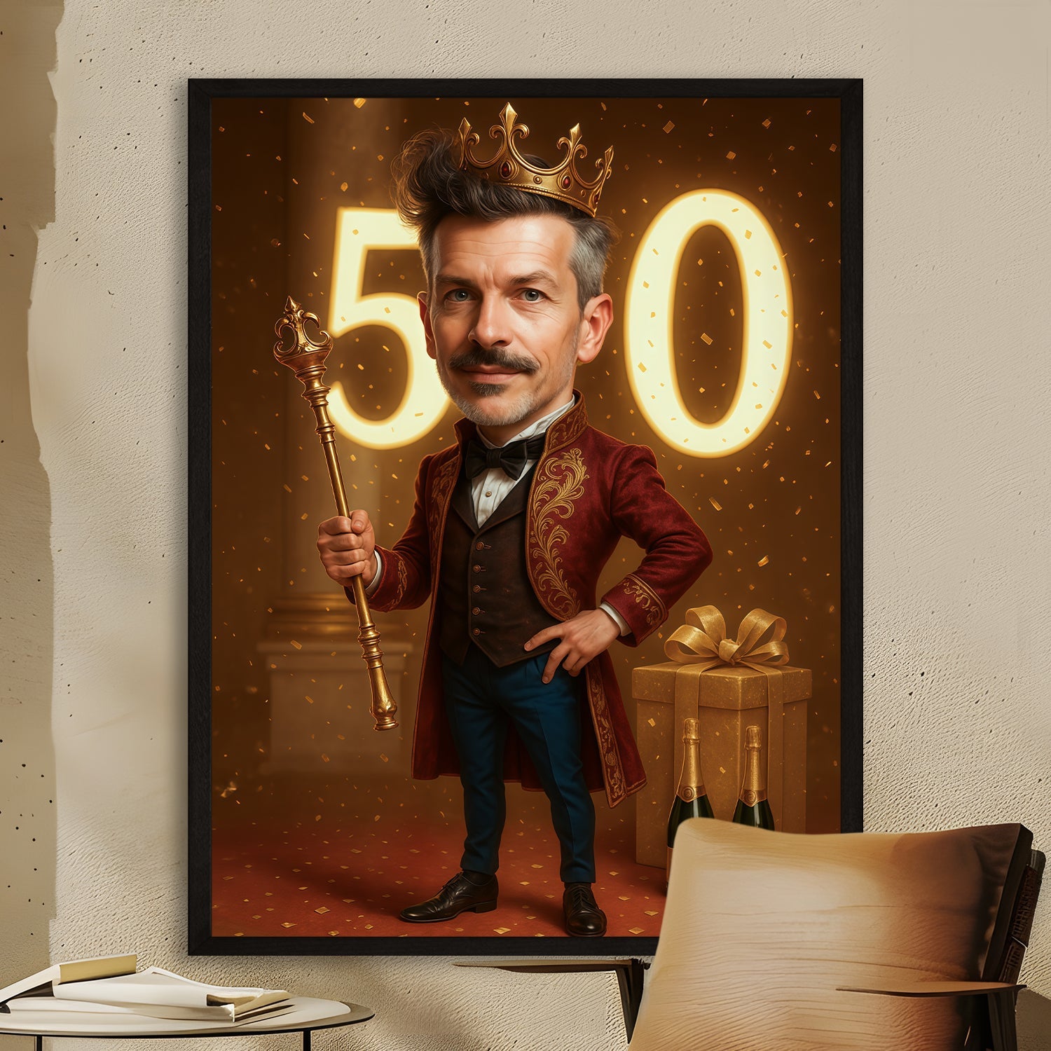 Image of Personalizowany portret mężczyzny na 50 urodziny w stylu królewskim, obraz na płótnie z liczbą 50 – oryginalny prezent urodzinowy