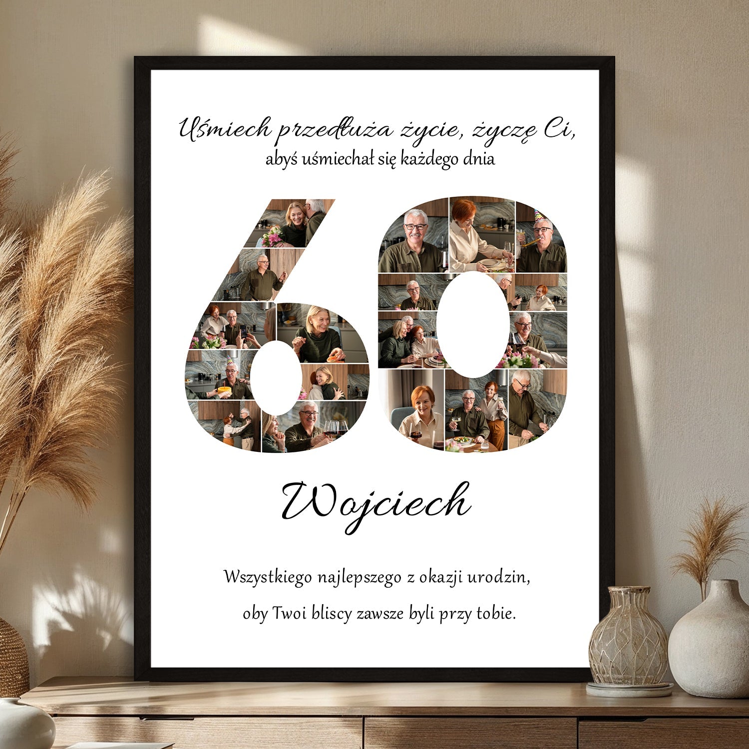 Image of Personalizowany plakat na 60 urodziny z kolażem zdjęć w liczbie 60 i dedykacją, elegancki prezent dla niej lub niego
