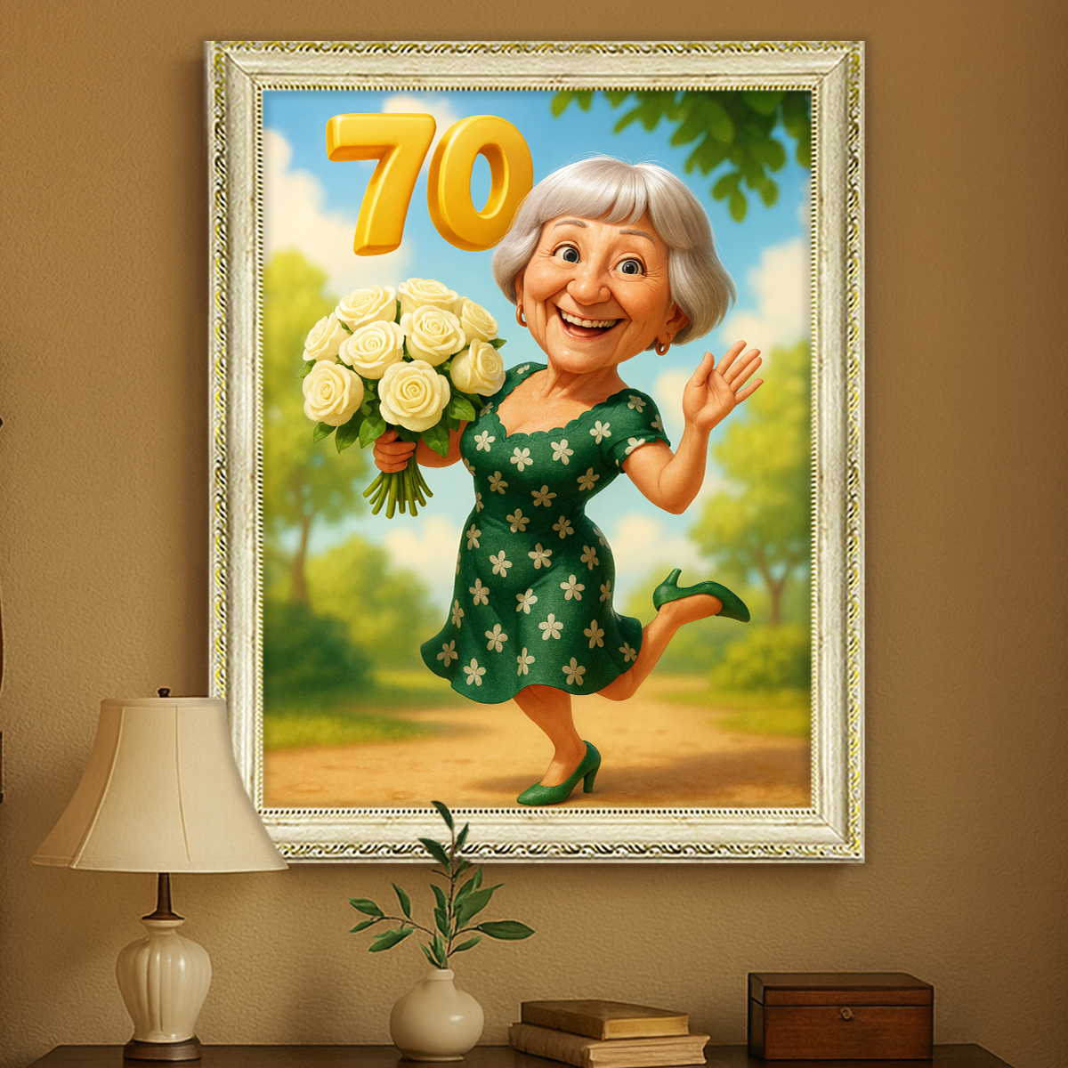 Image of Personalizowany portret kobiety na 70 urodziny, karykatura ze zdjęcia z liczbą 70 i bukietem kwiatów