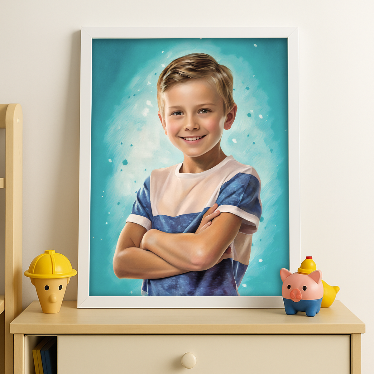 Image of Personalizowany portret chłopca na płótnie w ramie, obraz dziecka ze zdjęcia jako dekoracja pokoju dziecięcego