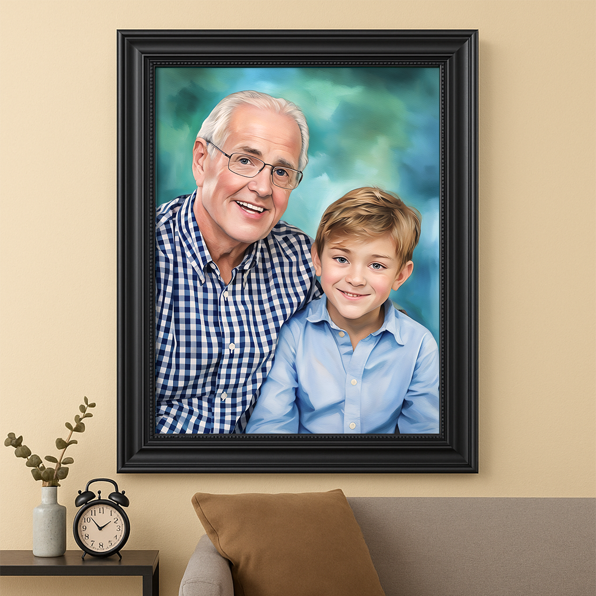 Image of Personalizowany portret dziadka z wnukiem na płótnie w ramie, obraz ze zdjęcia jako prezent na Dzień Dziadka