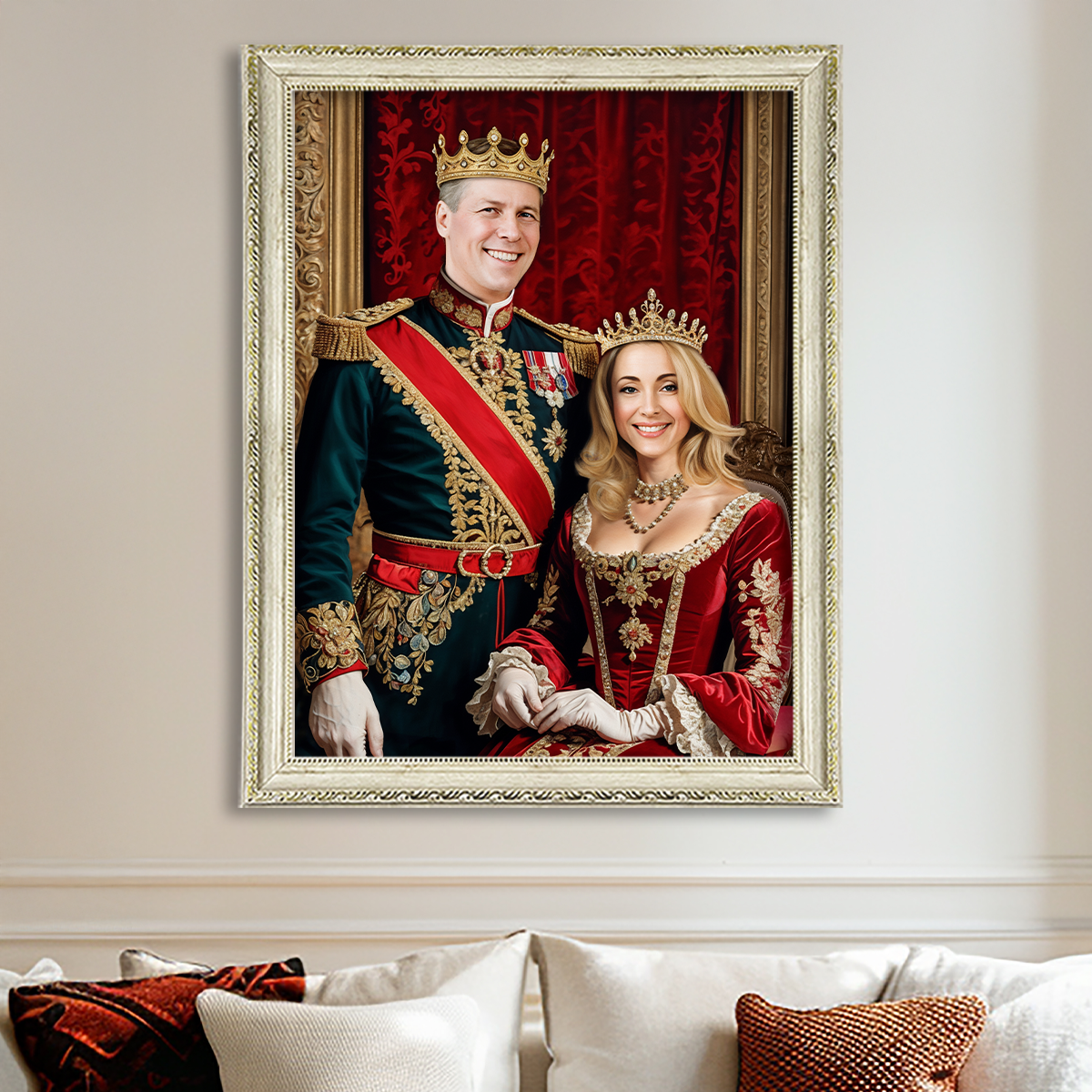 Image of Personalizowany portret królewski pary na płótnie, para w eleganckich strojach królewskich – wyjątkowy prezent dla zakochanych