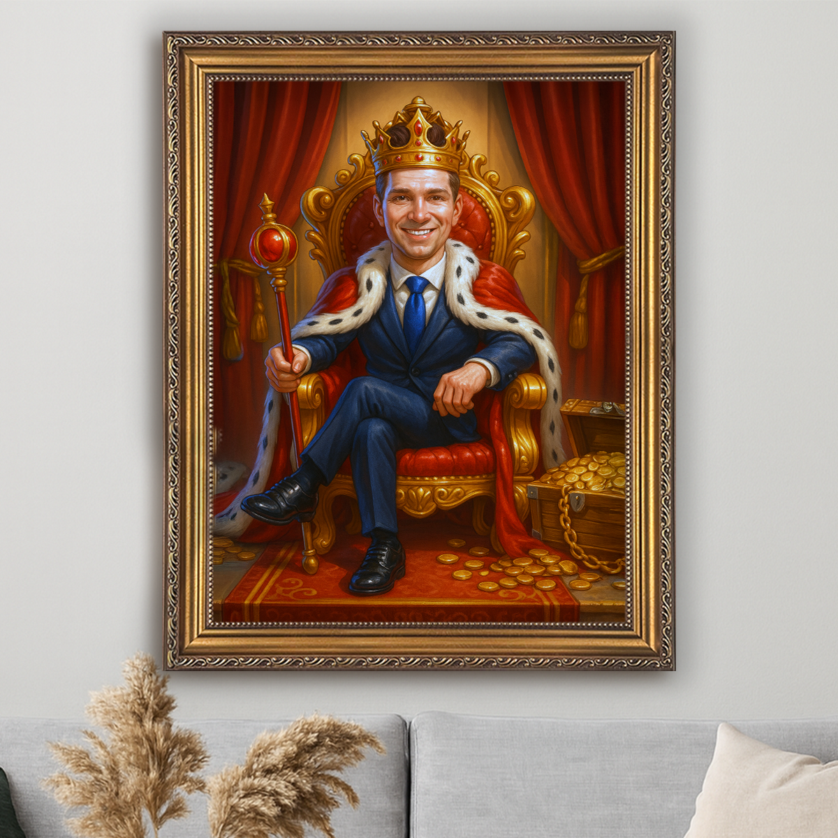 Image of Personalizowany portret króla na płótnie, mężczyzna w koronie siedzący na tronie – oryginalny prezent dla niego