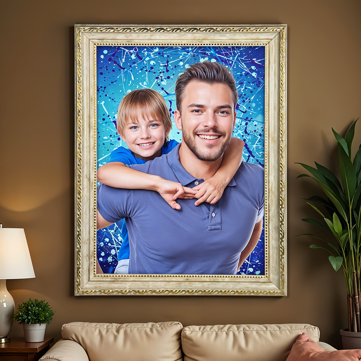 Image of Personalizowany portret ojca z dzieckiem na płótnie, elegancki obraz w ramie – wyjątkowy prezent na Dzień Ojca