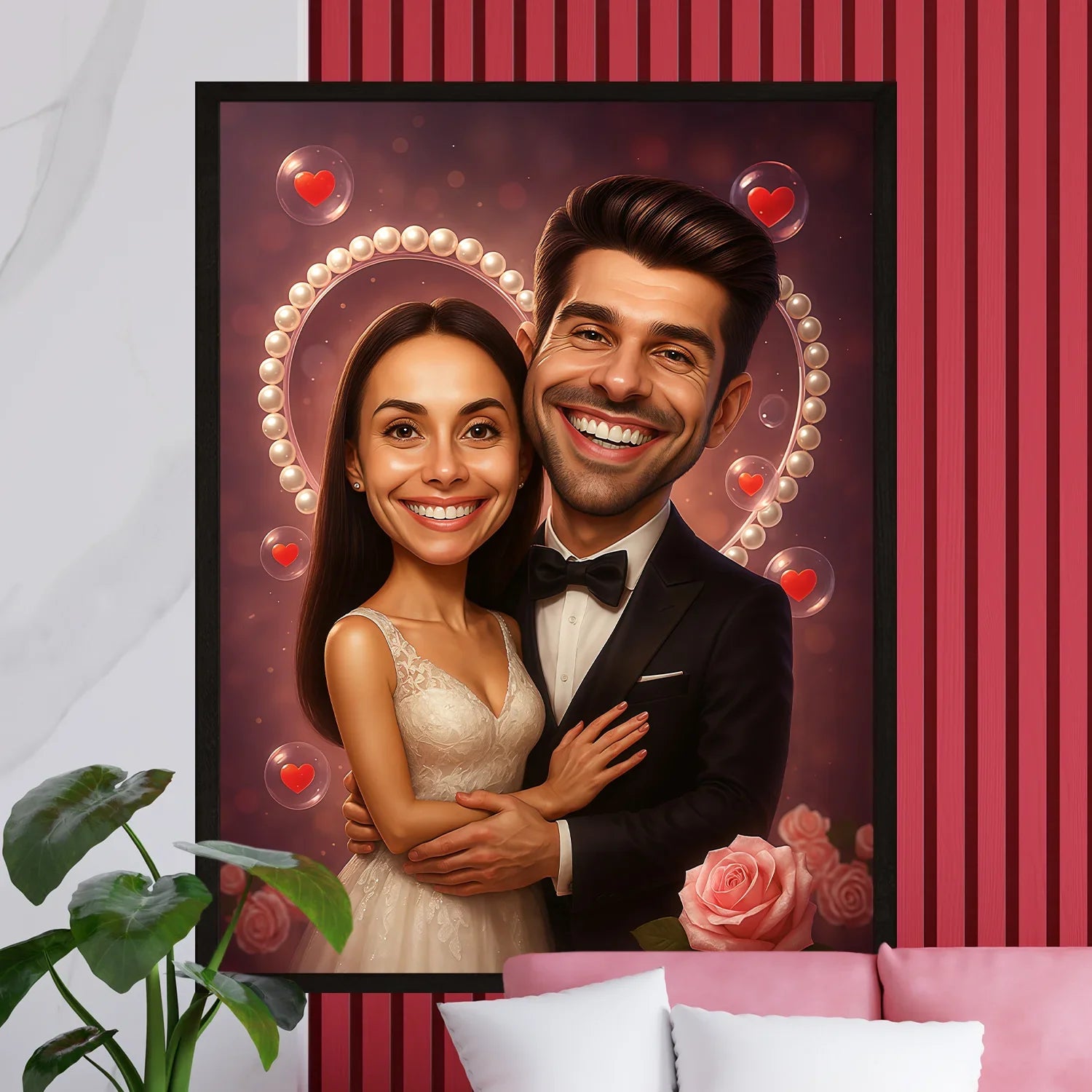Image of Personalizowany portret pary na Walentynki, romantyczny obraz ze zdjęcia z sercami, dekoracja ścienna dla zakochanych