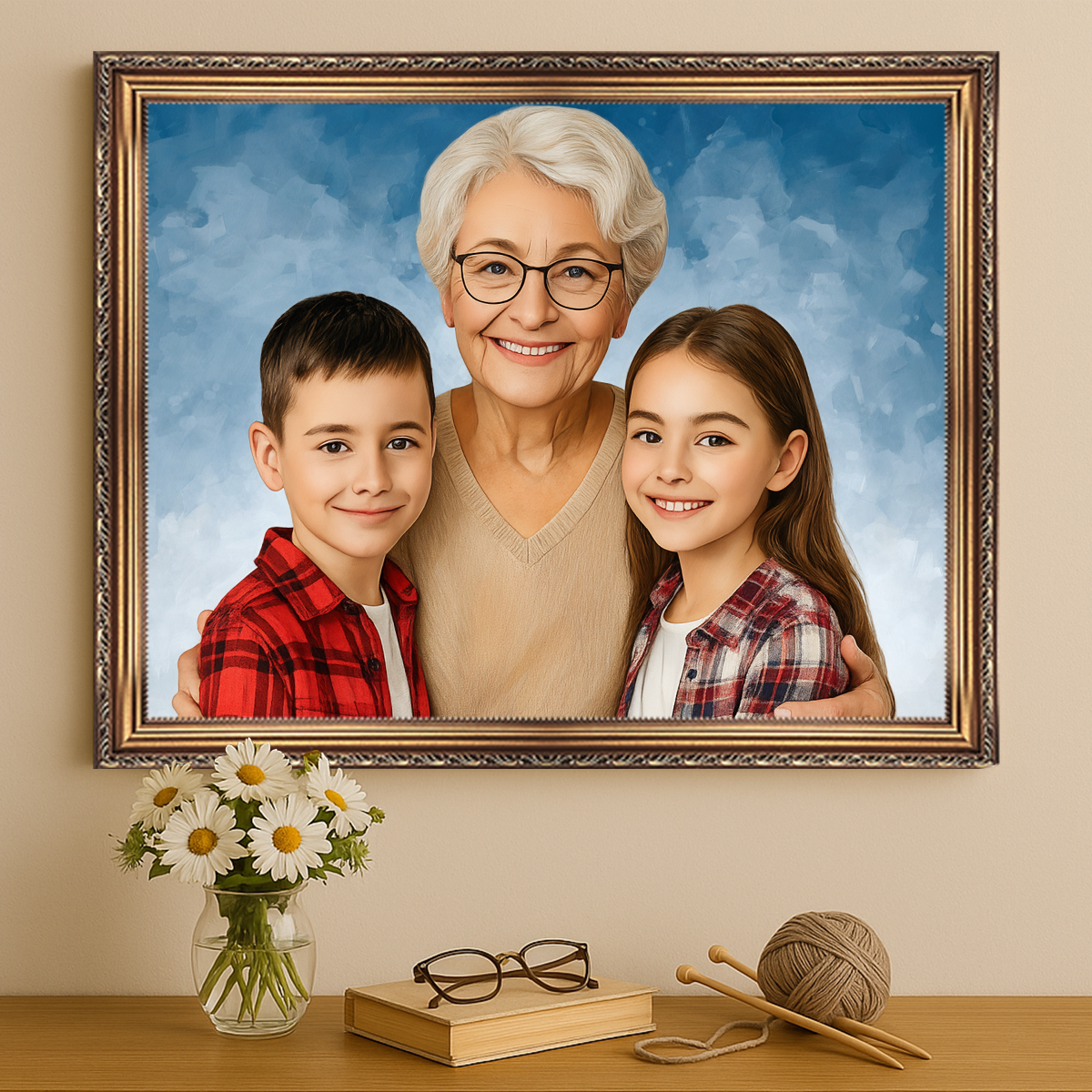 Image of Personalizowany portret babci z wnukami na płótnie, elegancki obraz rodzinny w ramie – wyjątkowy prezent na Dzień Babci
