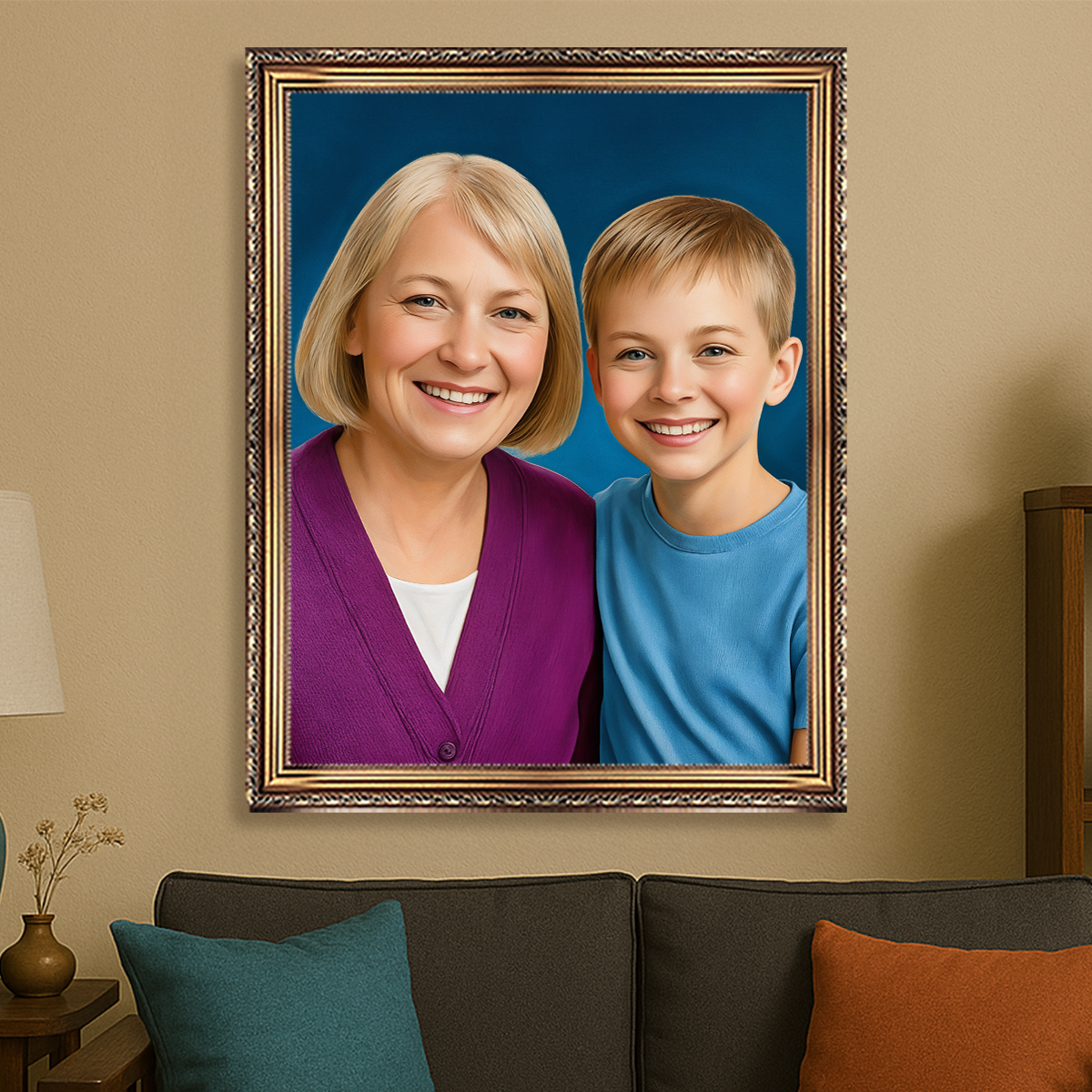 Image of Personalizowany portret babci z wnukiem ze zdjęcia, obraz w ramie na ścianie, prezent dla babci