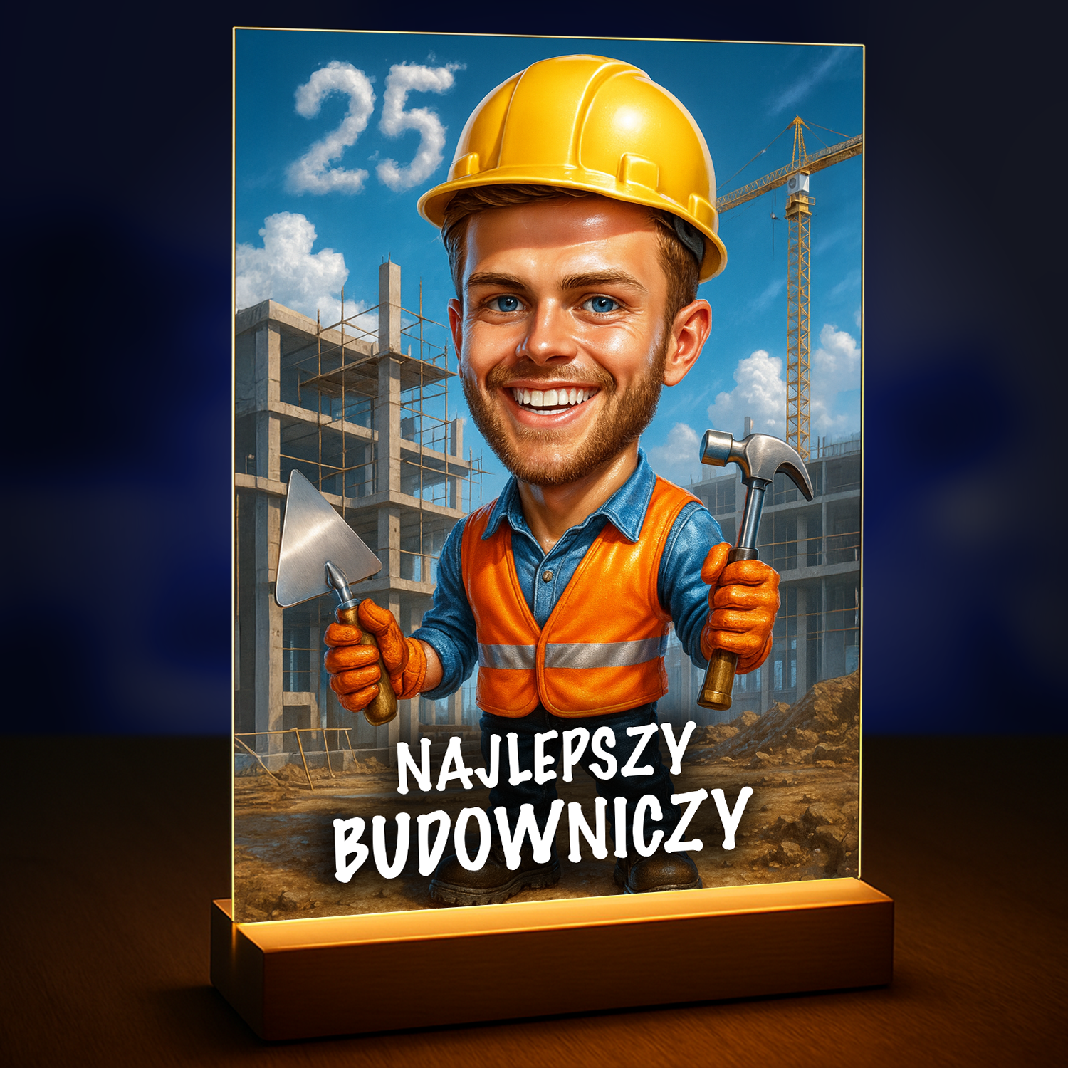 Image of Personalizowany portret budowlańca na 25 urodziny, karykatura ze zdjęcia z liczbą 25 i motywem budowy