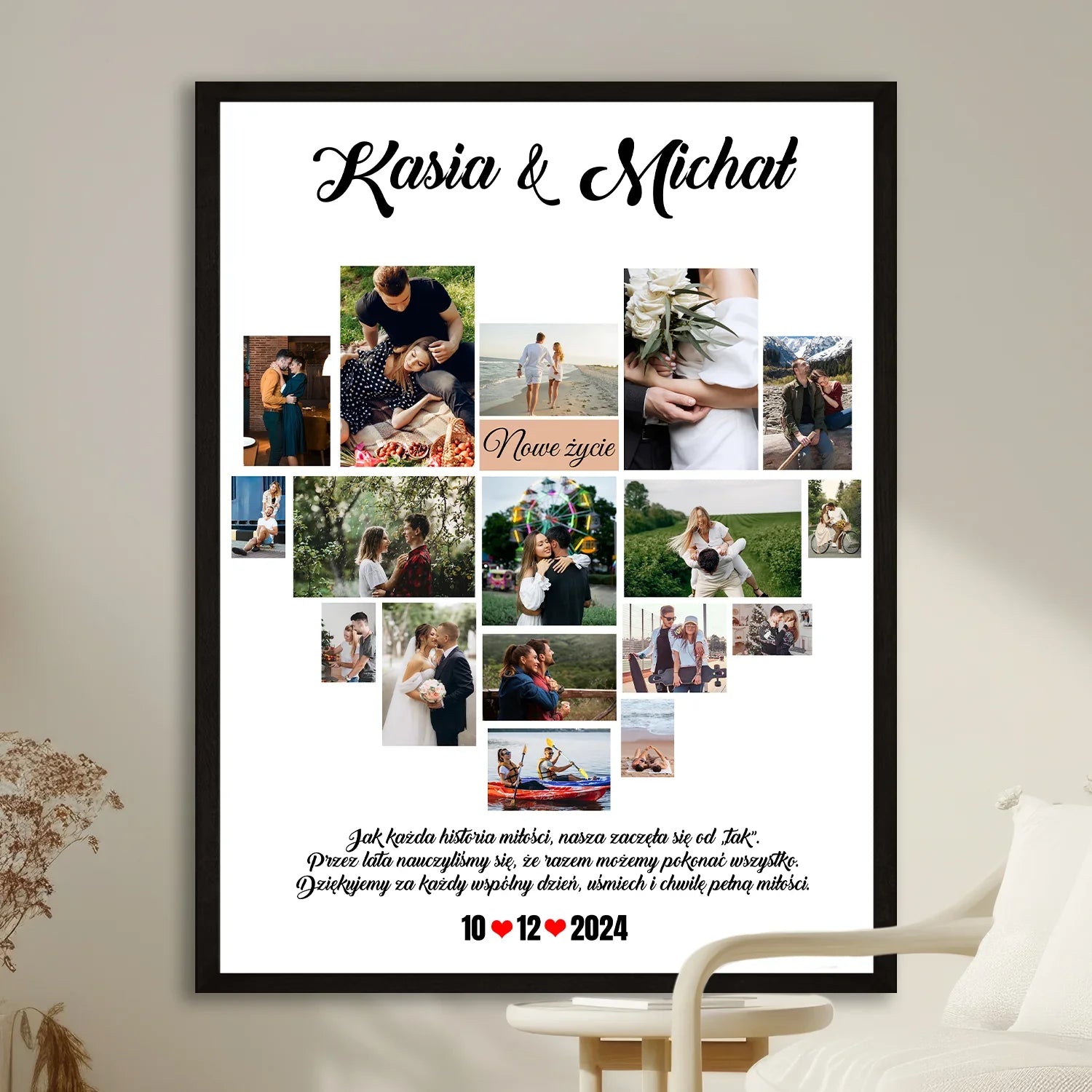 Image of Personalizowany kolaż zdjęć na plakacie w ramie, obraz ze zdjęć z imionami i datą jako prezent na rocznicę lub ślub