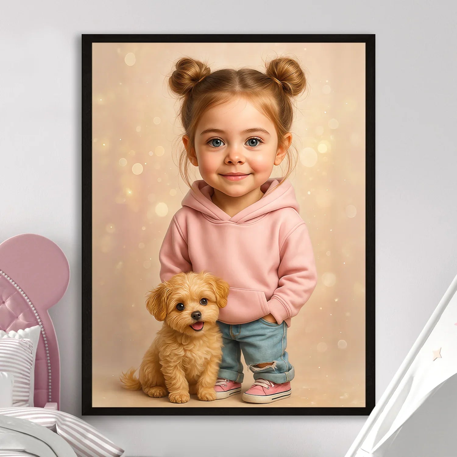 Image of Personalizowany portret dziewczynki ze zdjęcia z pieskiem, uroczy obraz na ścianę, wyjątkowy prezent dla dziecka