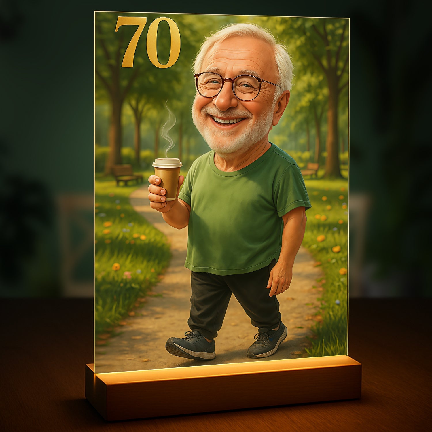 Image of Personalizowany portret mężczyzny na 70 urodziny na szkle akrylowym, stylizowana ilustracja z liczbą 70 – oryginalny prezent urodzinowy