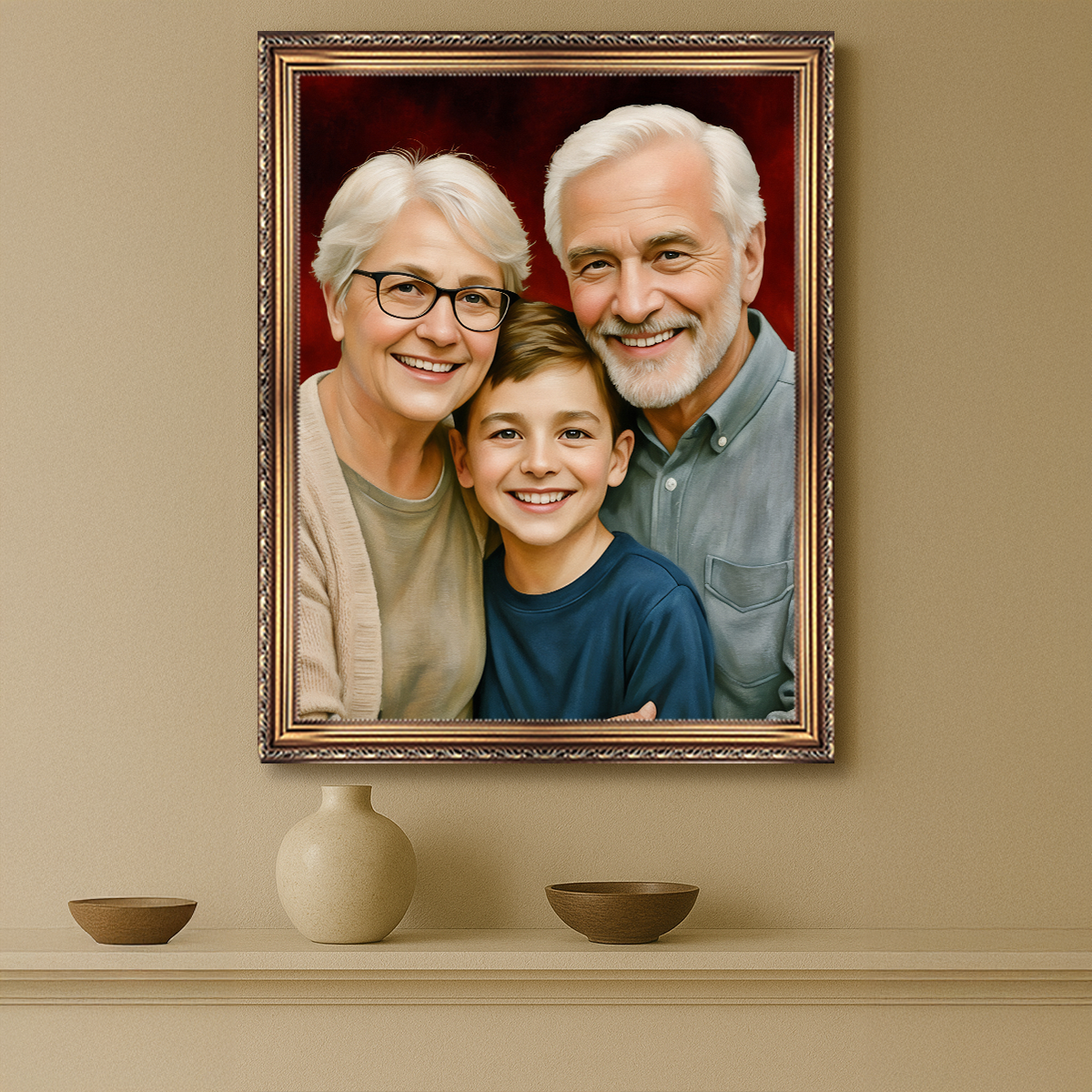 Image of Personalizowany portret dziadków z wnukiem ze zdjęcia, rodzinny obraz na ścianę, wyjątkowy prezent dla babci i dziadka