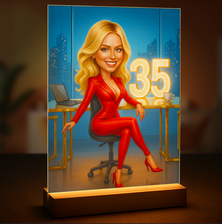 Image of Personalizowany portret kobiety na 35 urodziny, karykatura ze zdjęcia z liczbą 35 w eleganckim stylu