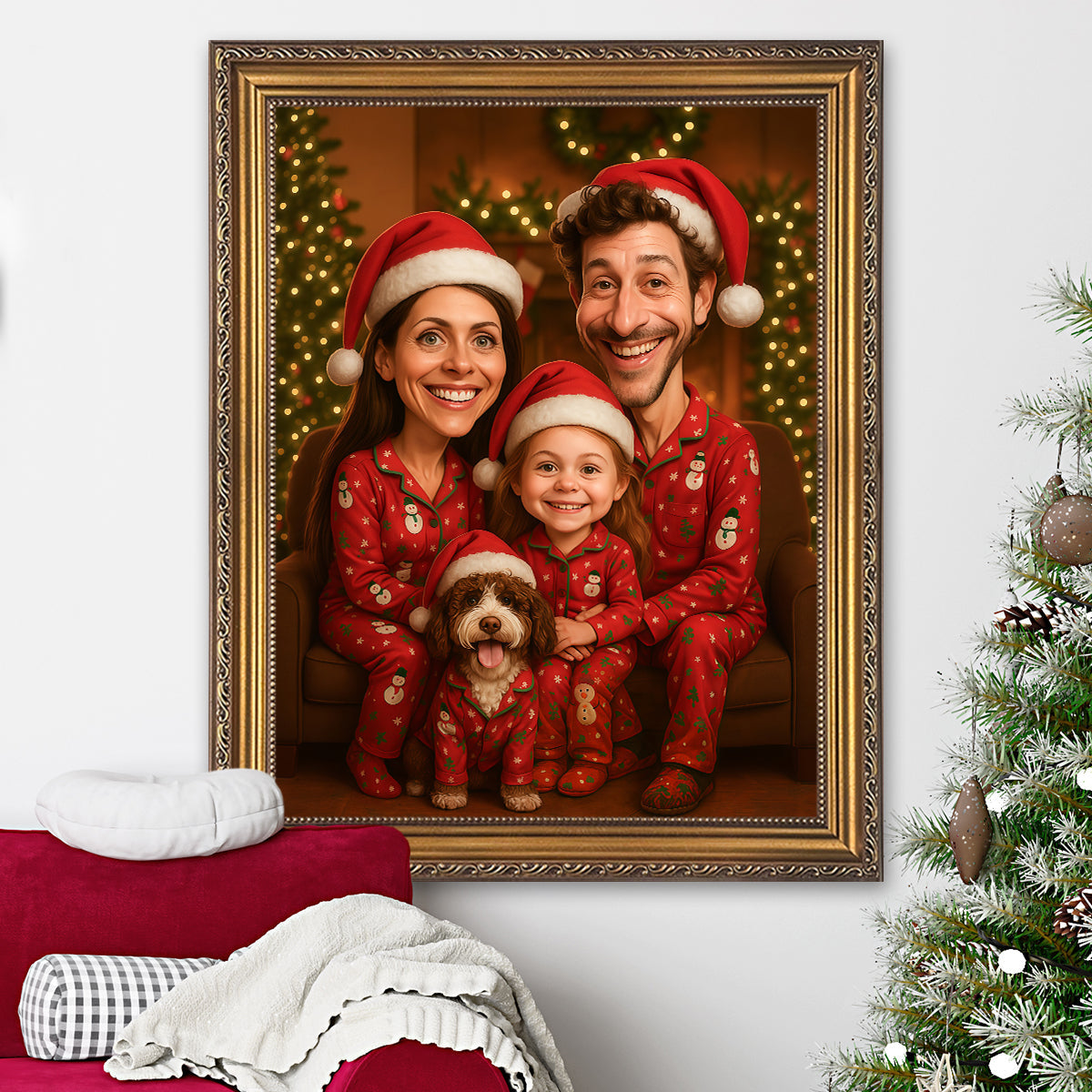 Image of Personalizowany portret rodzinny w świątecznej karykatury – mama, tata i dziecko w czerwonych piżamach, obraz w ramie przy choince