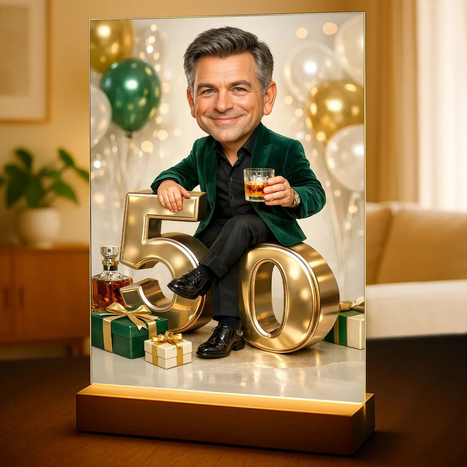 Image of Personalizowany portret mężczyzny na 50 urodziny na płótnie, postać siedząca przy liczbie 50 z balonami – oryginalny prezent dla niego