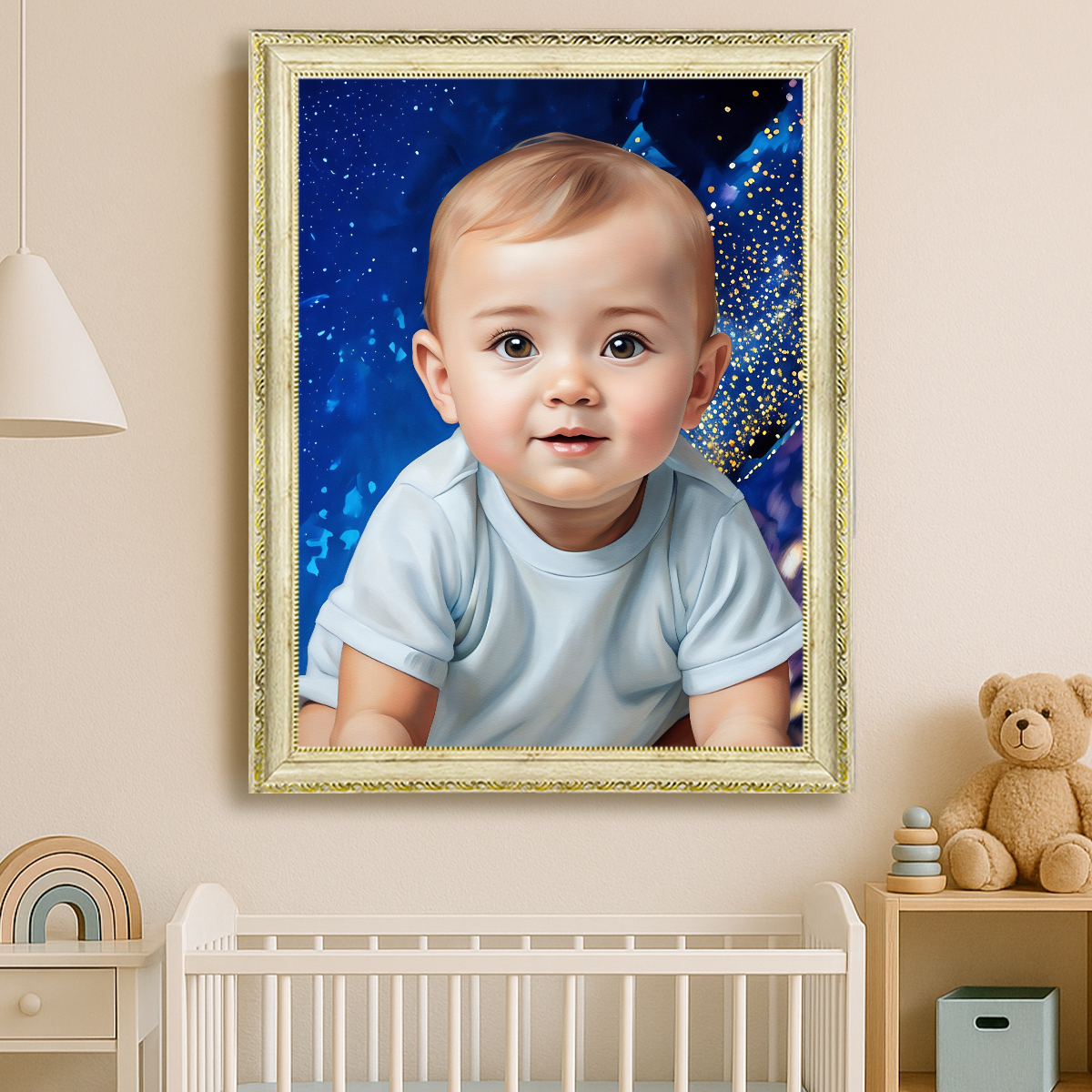 Image of Personalizowany portret dziecka ze zdjęcia w ramie nad łóżeczkiem, obraz do pokoju dziecięcego, wyjątkowy prezent dla malucha