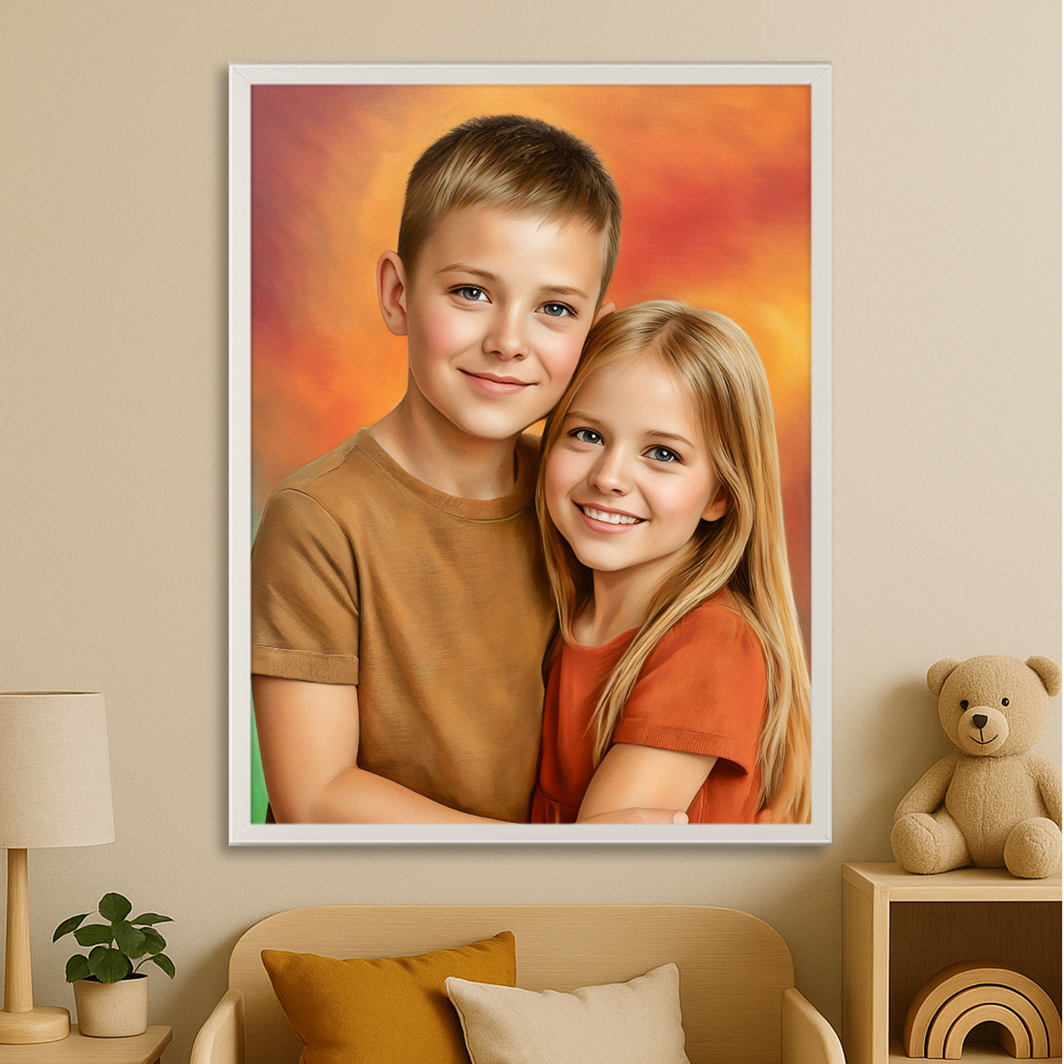 Image of Personalizowany portret rodzeństwa na płótnie w ramie, obraz dzieci ze zdjęcia jako dekoracja pokoju dziecięcego