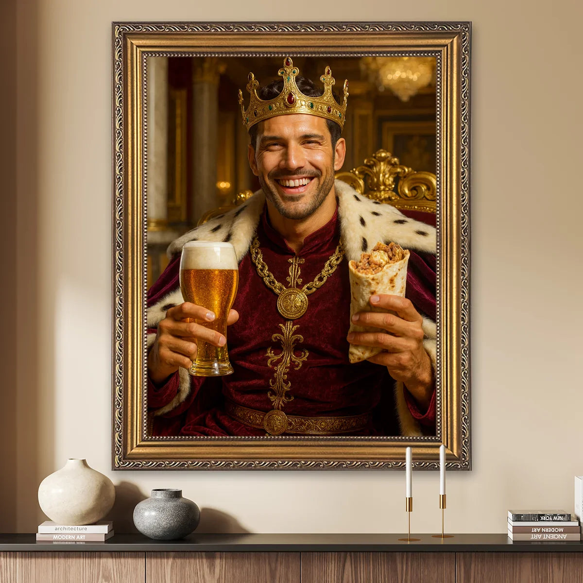 Image of Personalizowany portret mężczyzny jako króla z kuflem piwa, zabawny obraz ze zdjęcia, oryginalny prezent dla niego