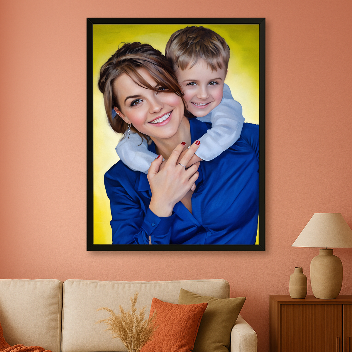 Image of Personalizowany portret mamy z dzieckiem ze zdjęcia, obraz w ramie na ścianie, prezent dla mamy