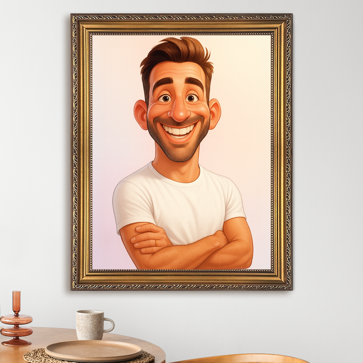 Image of Personalizowany portret mężczyzny na plakacie w stylu ilustracji, uśmiechnięta postać w ramie – oryginalny prezent dla niego