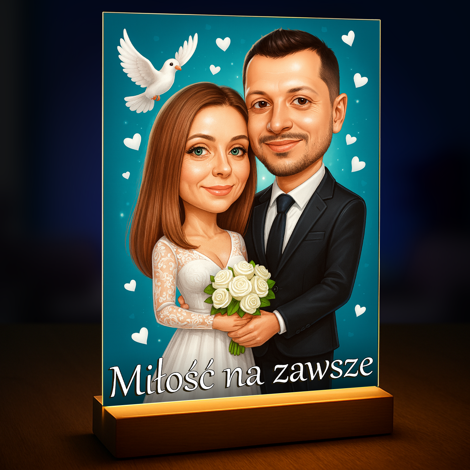 Image of Personalizowany portret ślubny pary młodej ze zdjęcia, romantyczny obraz z napisem Miłość na zawsze, idealny prezent na ślub