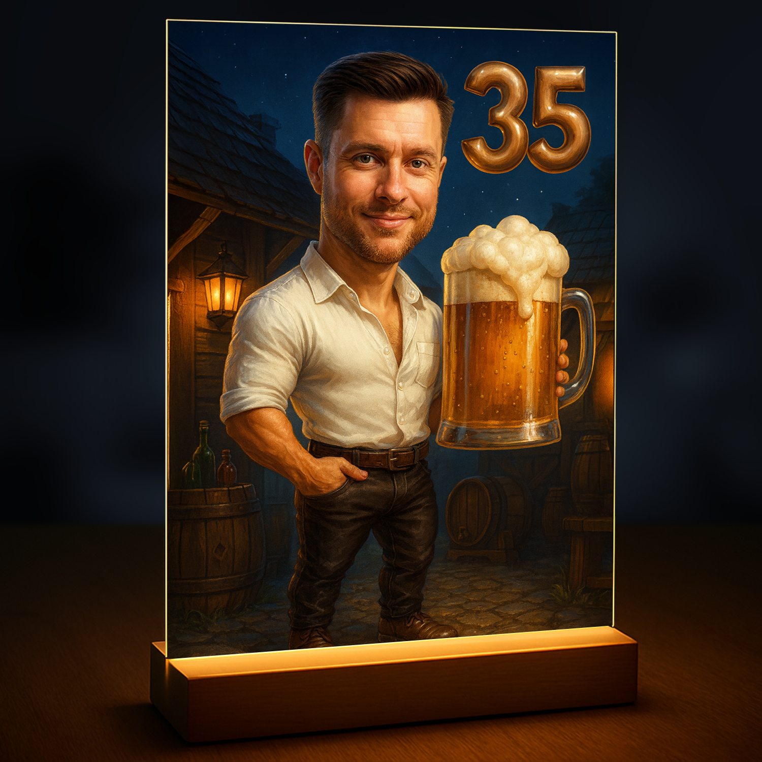 Image of Personalizowany portret mężczyzny na 35 urodziny, karykatura ze zdjęcia z kuflem piwa i liczbą 35