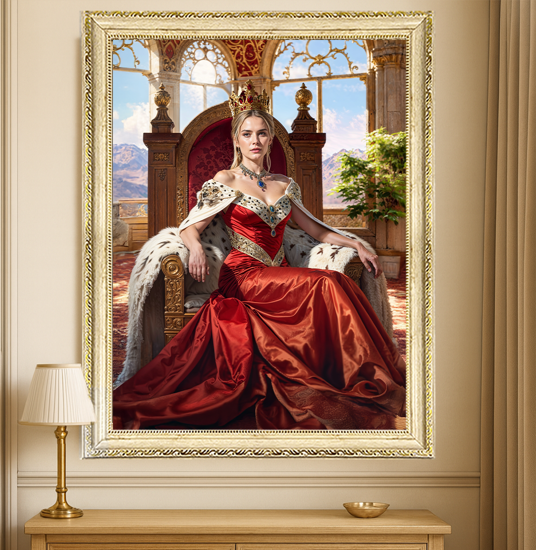 Image of Personalizowany portret królowej na płótnie, kobieta w eleganckiej czerwonej sukni na tronie – wyjątkowy prezent dla niej