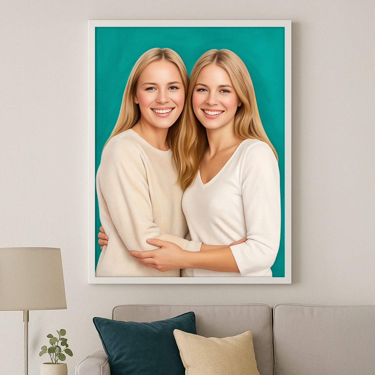 Image of Personalizowany portret dwóch sióstr ze zdjęcia, obraz na ścianie w jasnym wnętrzu, prezent dla siostry