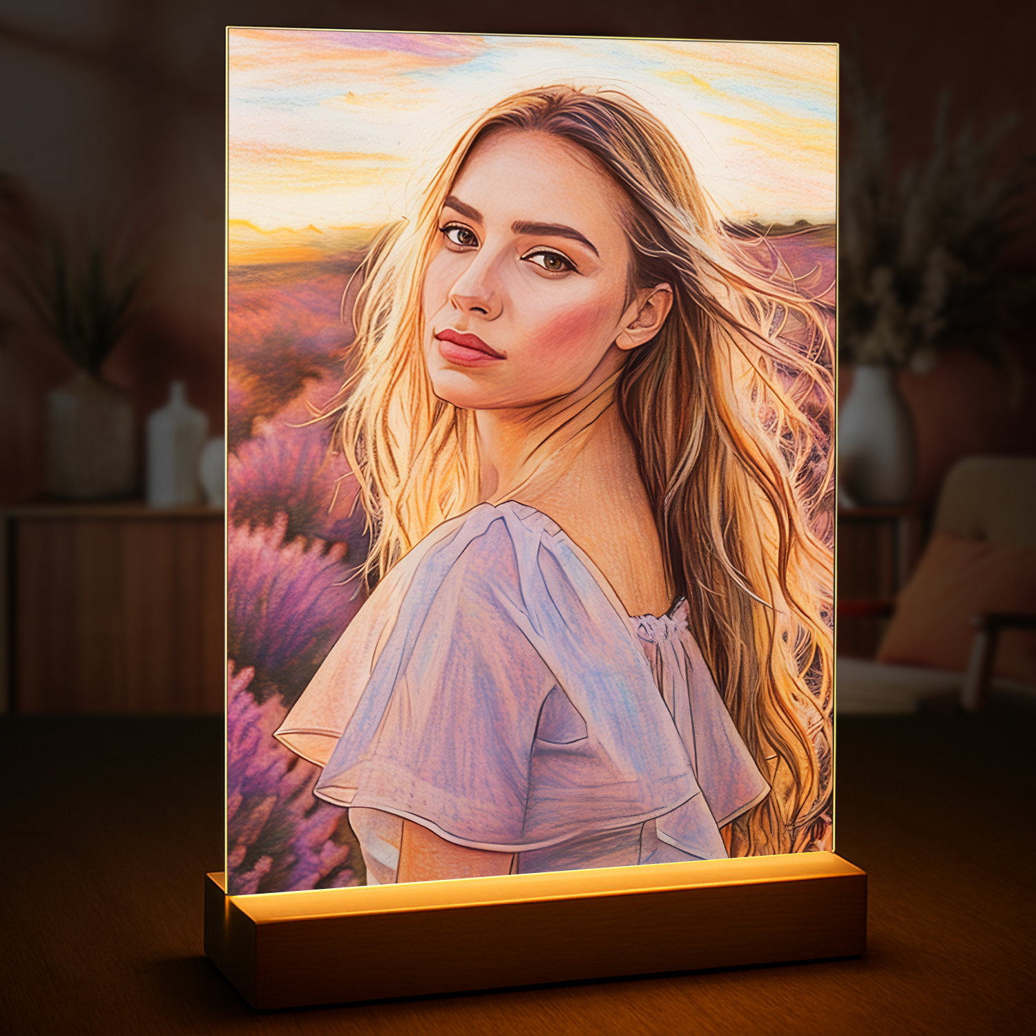 Image of Personalizowany portret kobiety na szkle w stylu ilustracji, subtelny obraz z tłem natury – elegancki prezent dla niej