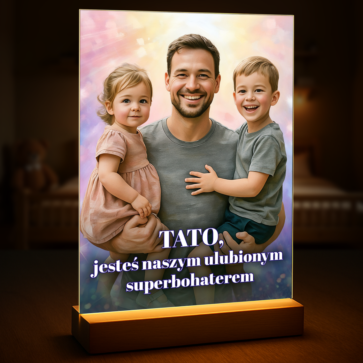 Image of Personalizowany portret taty z dziećmi ze zdjęcia, obraz z napisem dla taty, wyjątkowy prezent na Dzień Ojca
