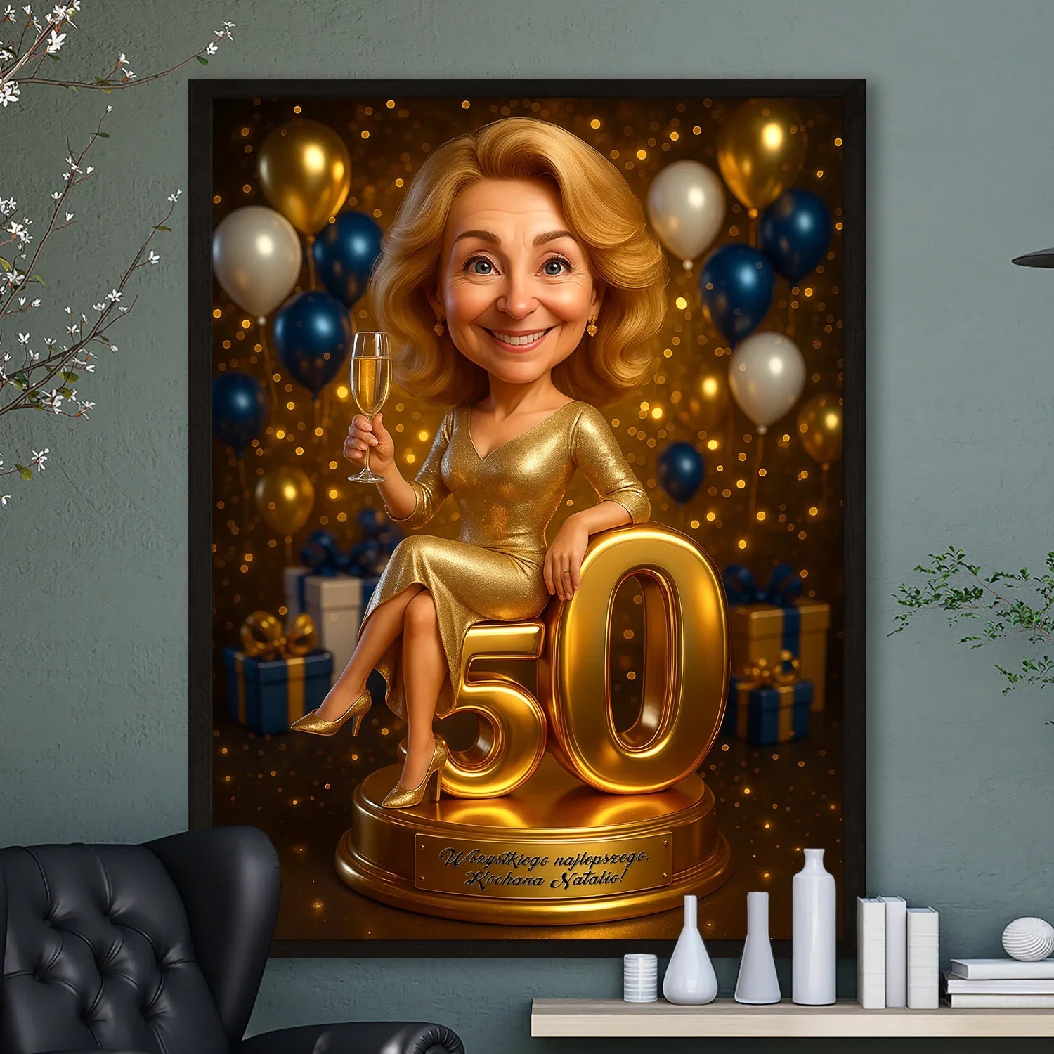Image of Personalizowany portret kobiety na 50 urodziny na złotym tle z balonami, dekoracyjny obraz na ścianę w eleganckim stylu
