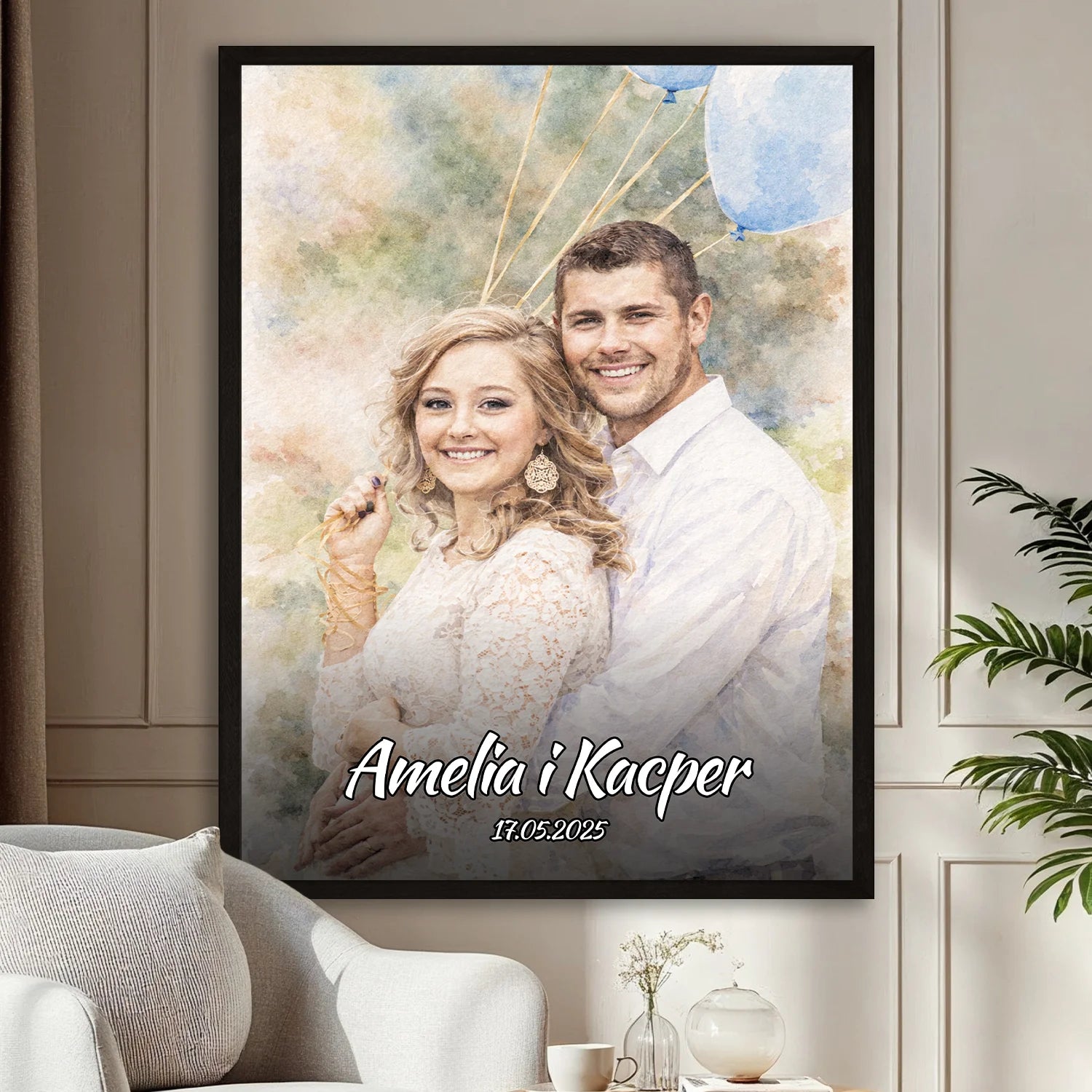 Image of Personalizowany plakat pary ze zdjęcia w akwarelowym stylu, romantyczny portret z imionami i datą