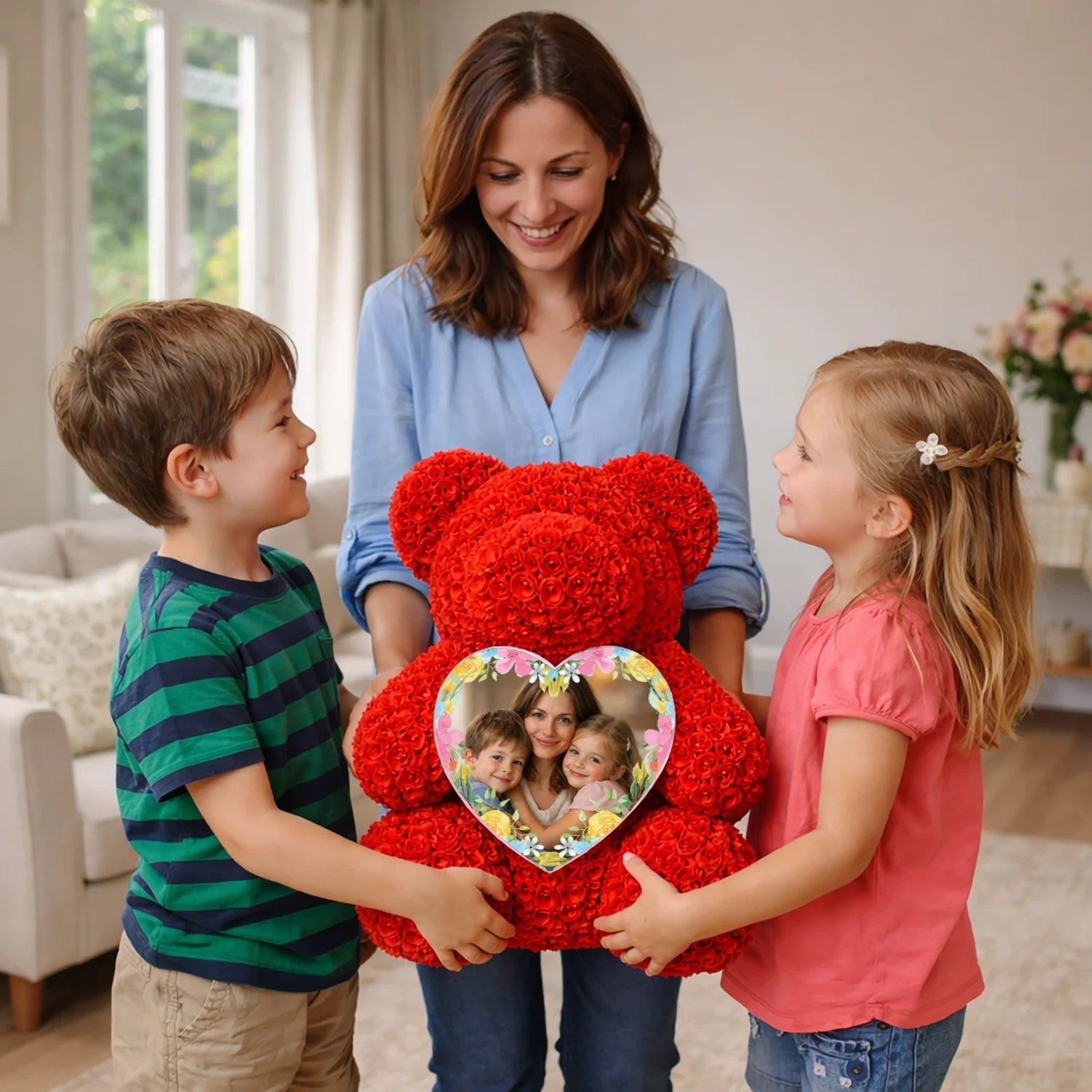 Image of Mama z dziećmi - miś z róż z personalizowanym sercem na Dzień Matki