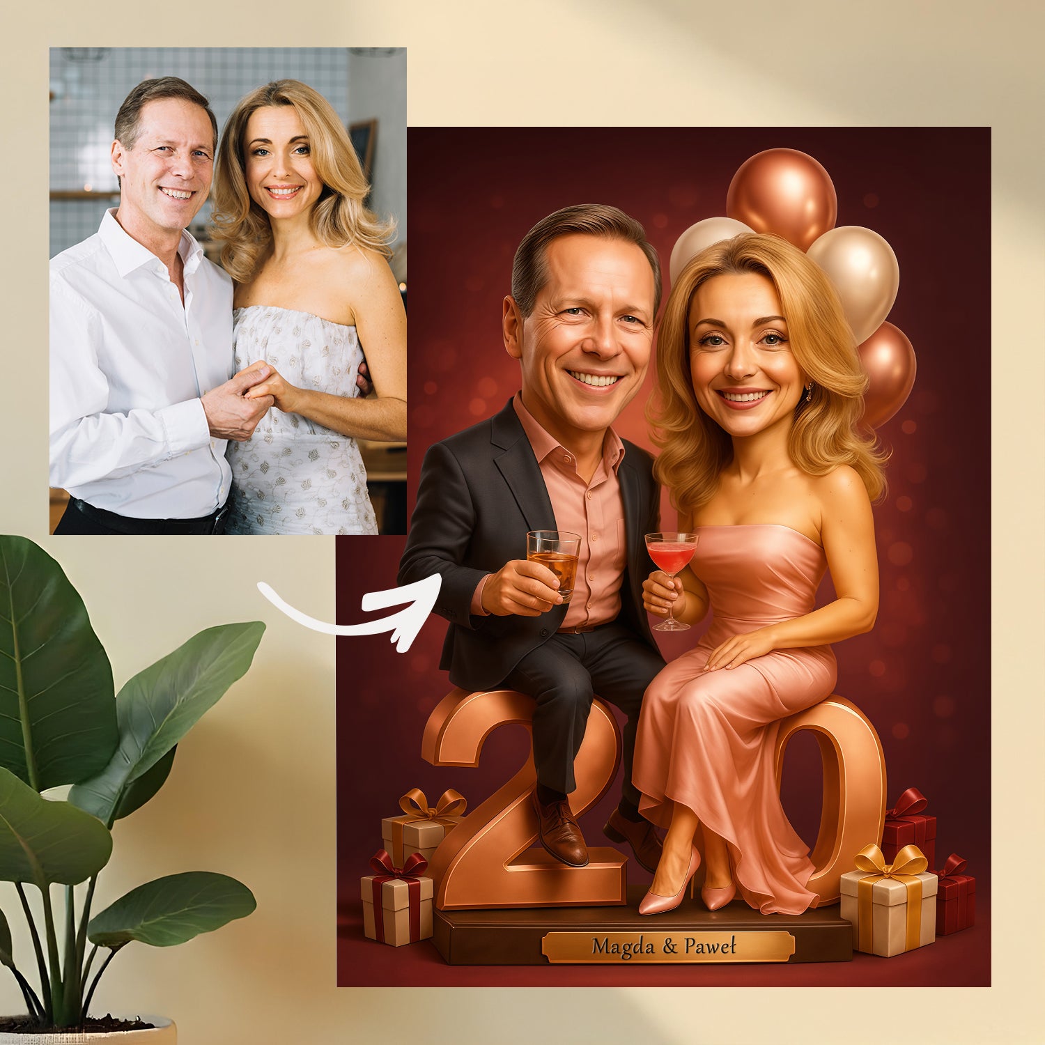 Image of Ilustracja pary na 20 rocznicę - druk na szkle, portret z Twojego zdjęcia