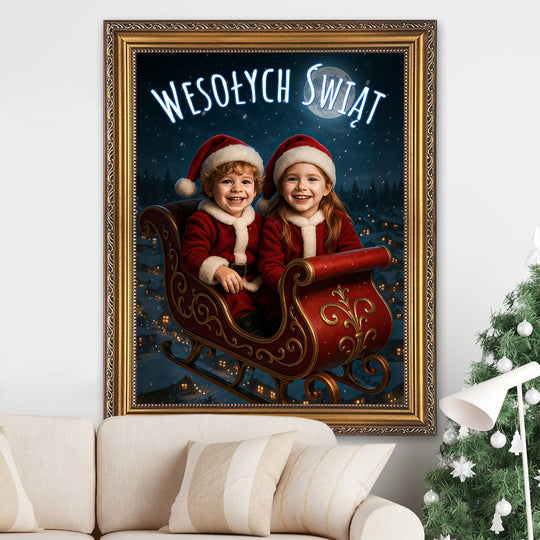 Dzieci w saniach - obraz na płótnie z Twojego zdjęcia