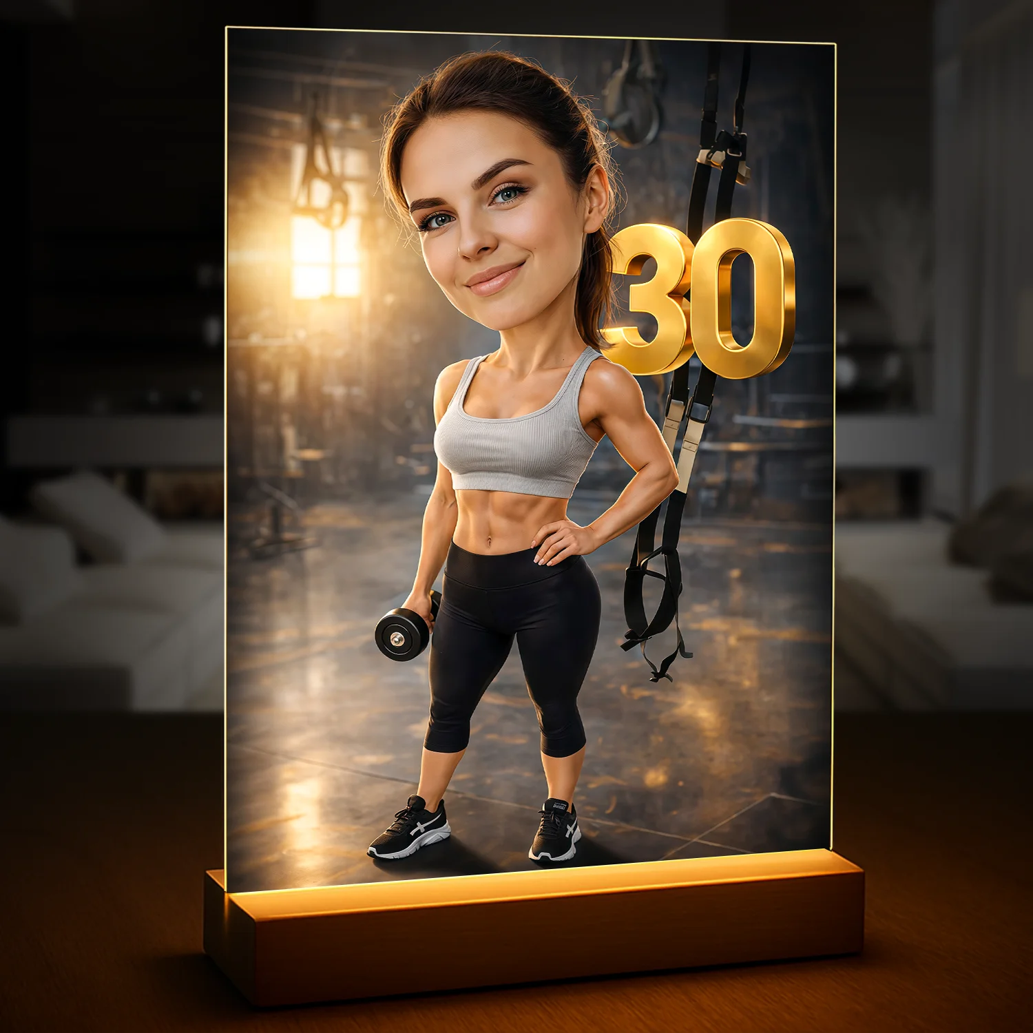 Image of Personalizowany druk na szkle akrylowym dla kobiety fitness ze zdjęcia z motywem siłowni i liczbą 30 jako prezent na urodziny