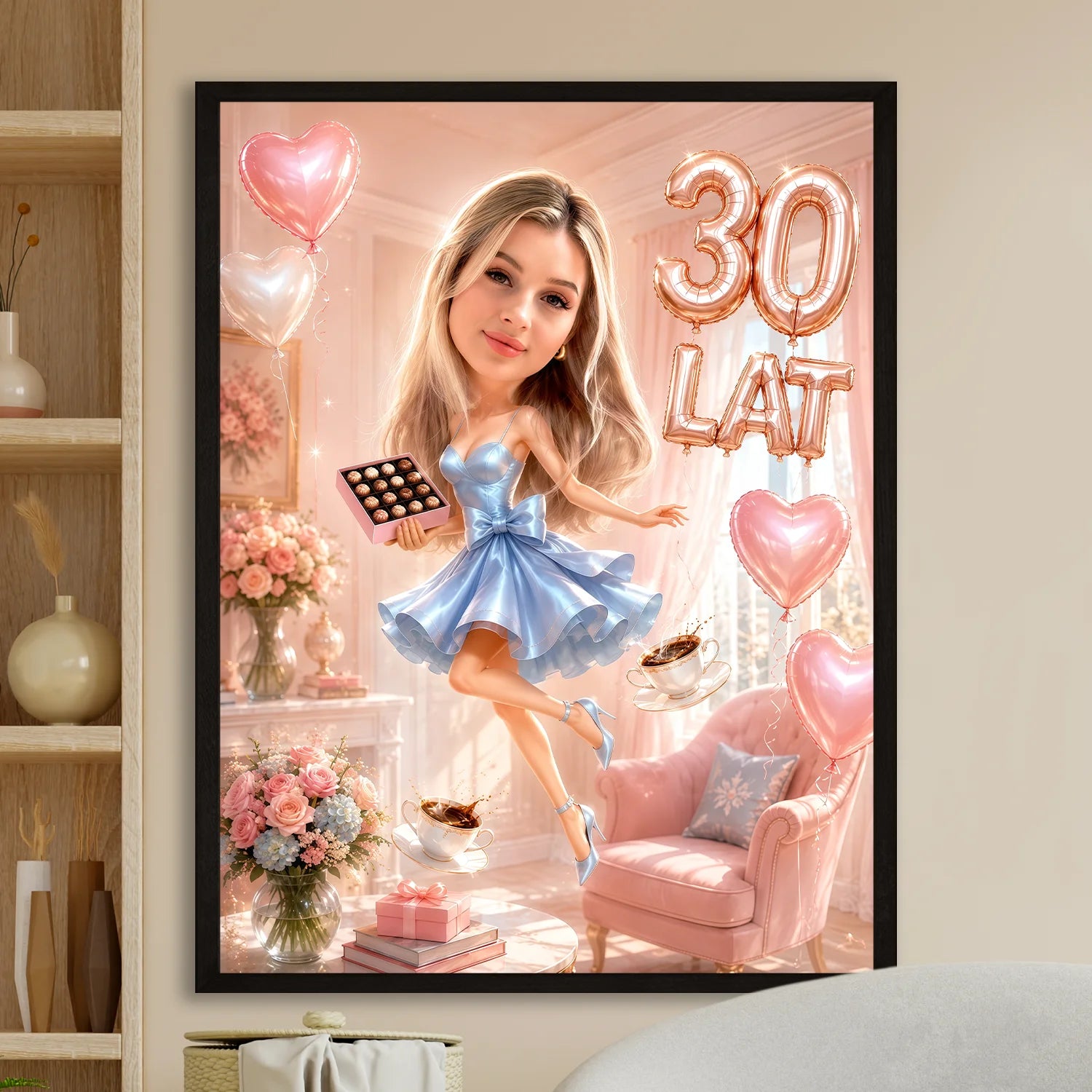 Image of Personalizowany plakat ze zdjęcia na 30 urodziny dla kobiety, karykatura w różowym stylu glamour z balonami i liczbą 30