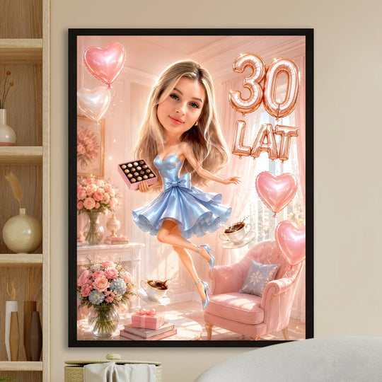 Pomysł na prezent dla kobiety na 30 urodziny – karykatura ze zdjęcia plakat Królowa trzydziestki
