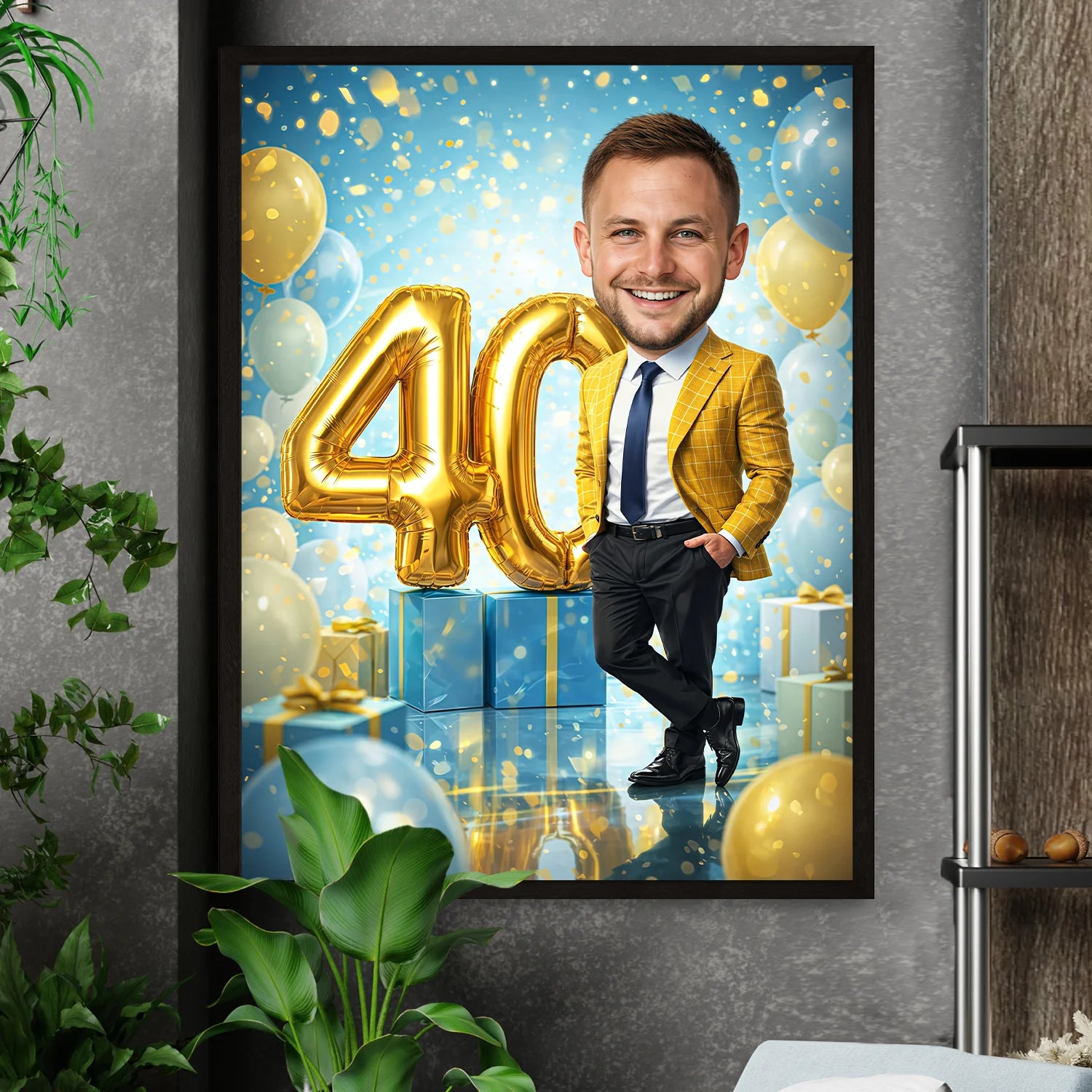 Image of Personalizowany plakat mężczyzny na 40 urodziny, złote balony, niebieskie dekoracje i liczba 40 w tle