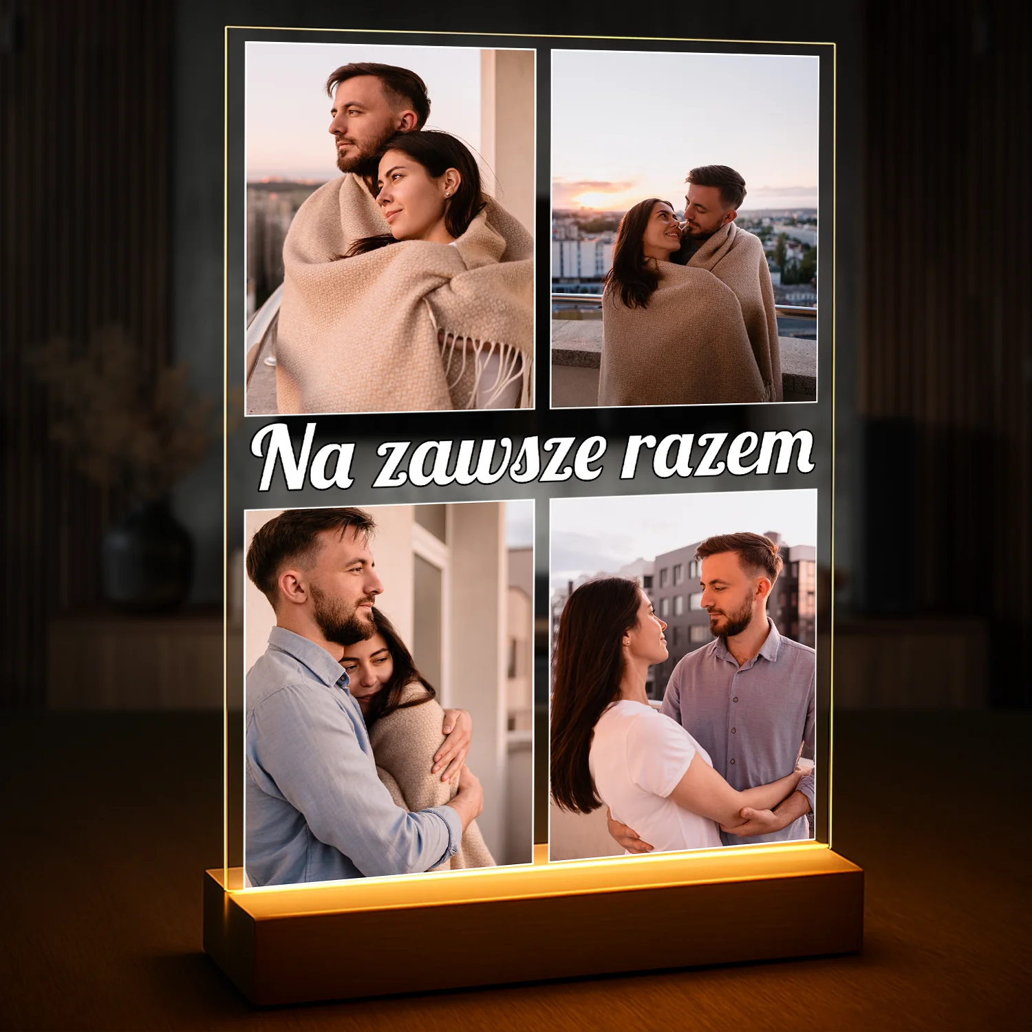 Image of Personalizowany druk na szkle akrylowym z 4 zdjęciami pary i napisem „Na zawsze razem”, romantyczny prezent dla zakochanych