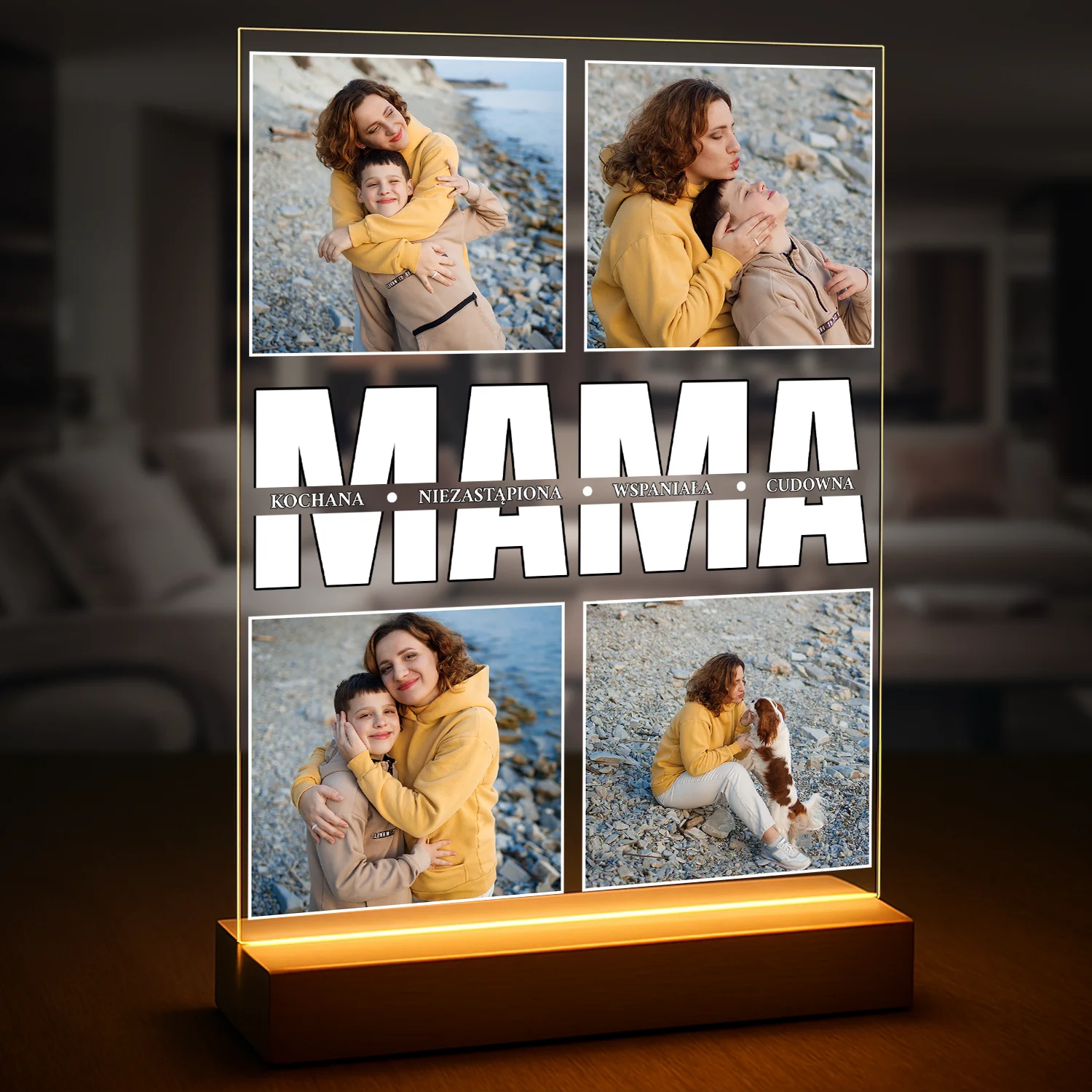 Image of Druk na szkle akrylowym dla mamy, kolaż z 4 zdjęć mamy i dziecka z napisem MAMA, personalizowany prezent na Dzień Matki