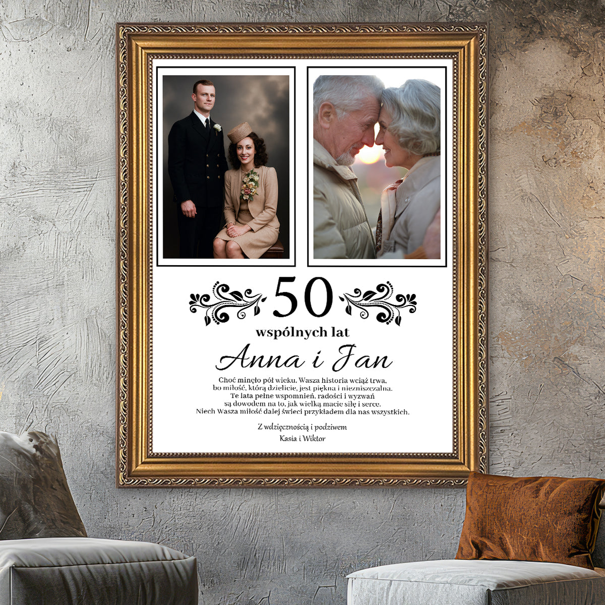 Życzenia na 50 lat małżeństwa - kolaż na płótnie z Twojego zdjęcia