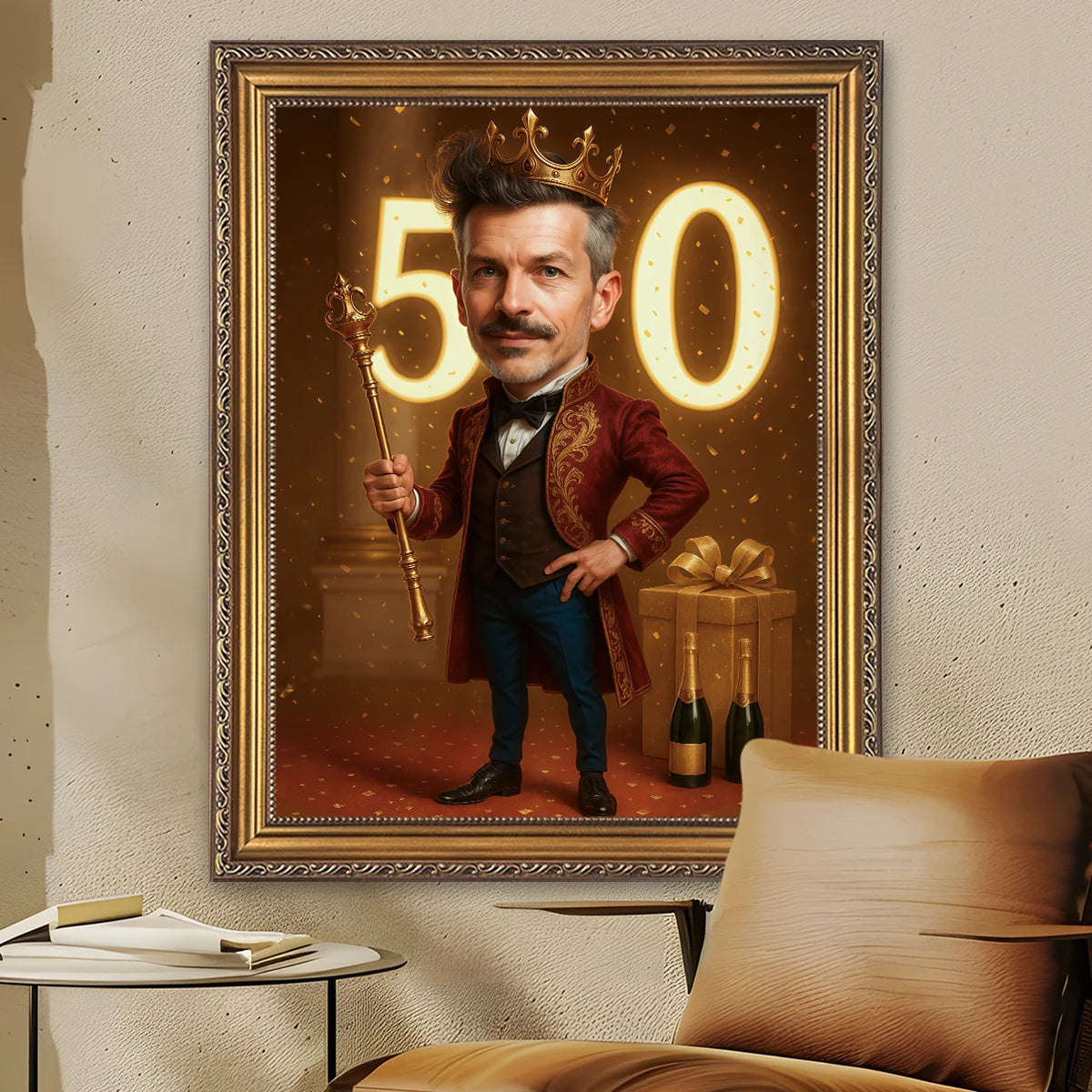 Image of Portret na płótnie w stylu królewskim – postać z liczbą 50 w tle, personalizowany obraz ze zdjęcia, elegancki prezent na jubileusz.
