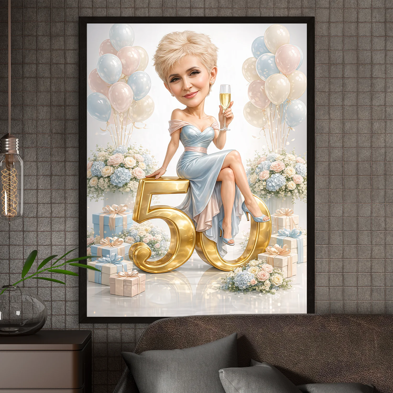 Image of Personalizowany portret kobiety na 50 urodziny na plakacie, elegancka sukienka, siedzi na liczbie 50 z lampką szampana