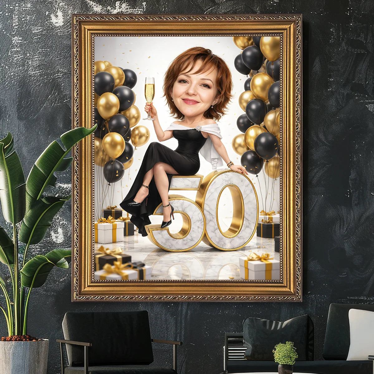 Image of Portret na płótnie na 50 urodziny – kobieta w stylu glamour z balonami i prezentami, personalizowany obraz ze zdjęcia.