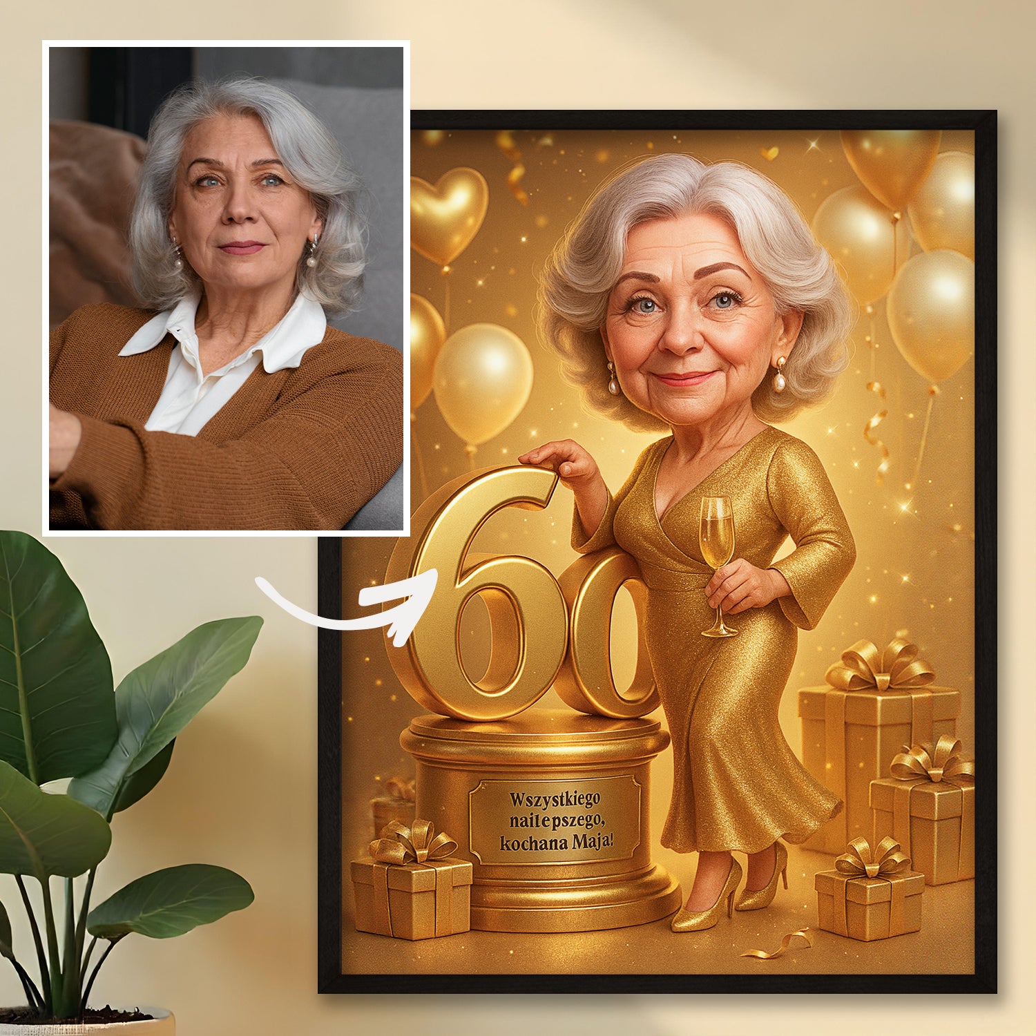 Ilustracja na 60. z życzeniami - druk na szkle, portret z Twojego zdjęcia