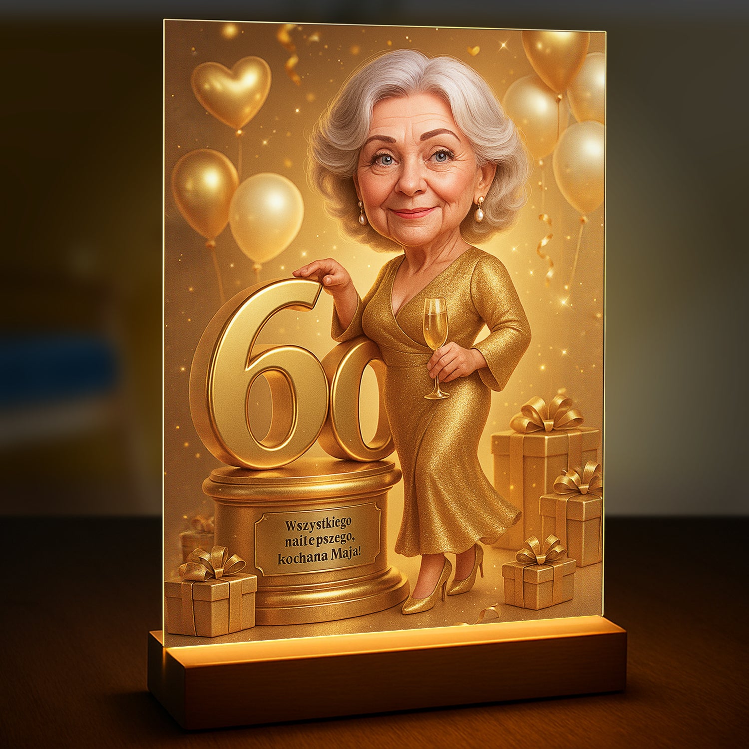 Image of Ilustracja na 60. z życzeniami - druk na szkle, portret z Twojego zdjęcia