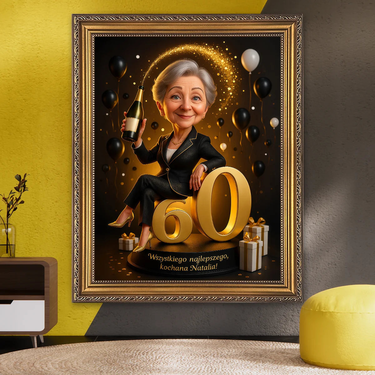 Image of Portret na płótnie na 60 urodziny – kobieta w stylu glamour, personalizowany obraz ze zdjęcia, elegancki prezent dla niej.